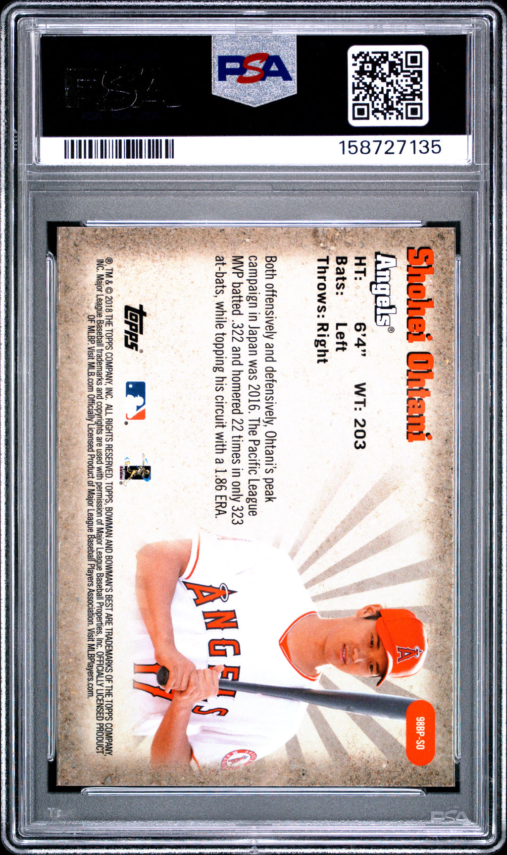 2018 Bowmans Best Shohei Ohtani 1998 Best Performers Rookie PSA 9 RC 2018 Bowman's Best 1998 Best Performers Shohei Ohtani #SO PSA 9