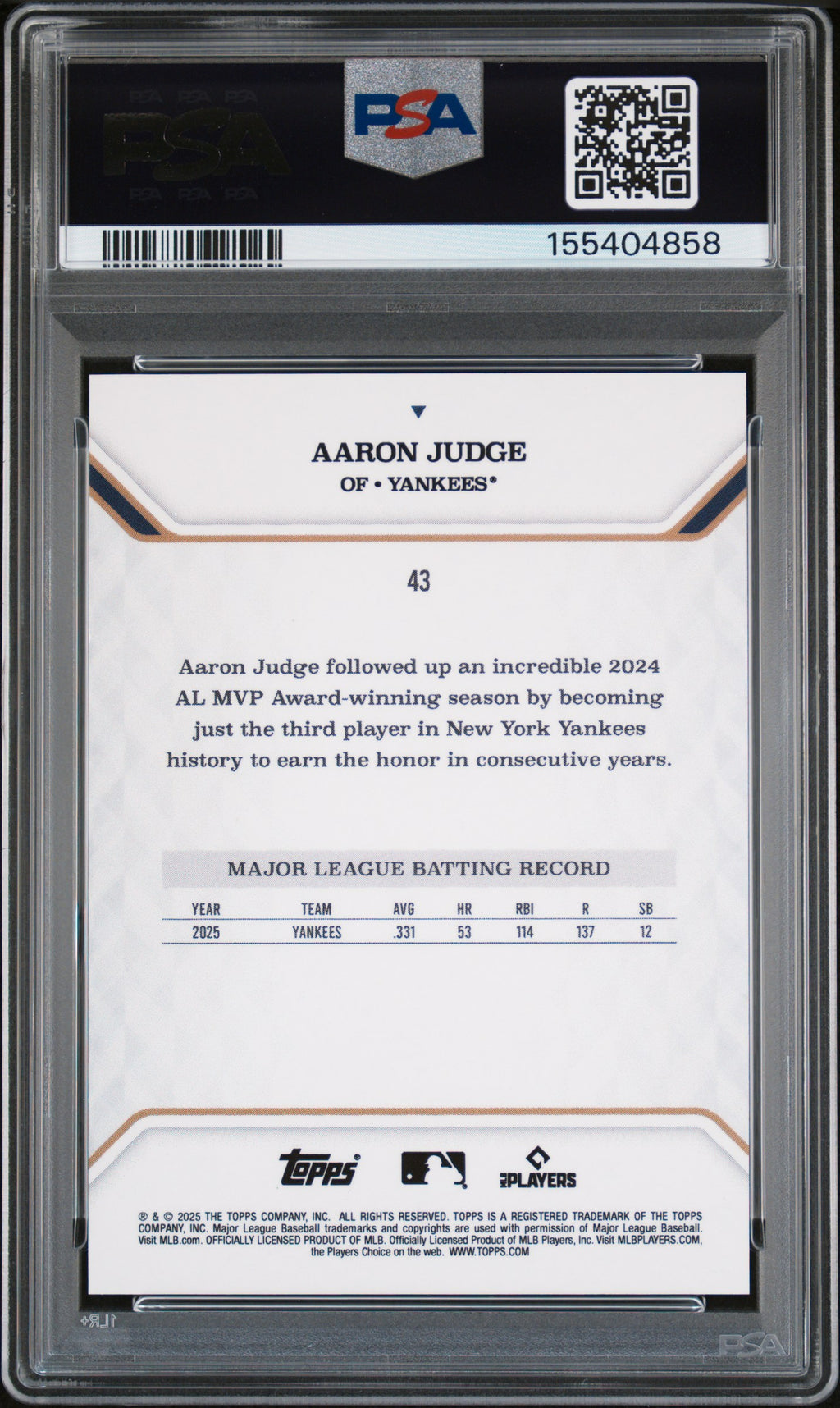 2025 Topps MLB MVP Aaron Judge Gold Foil 21/50 PSA 10