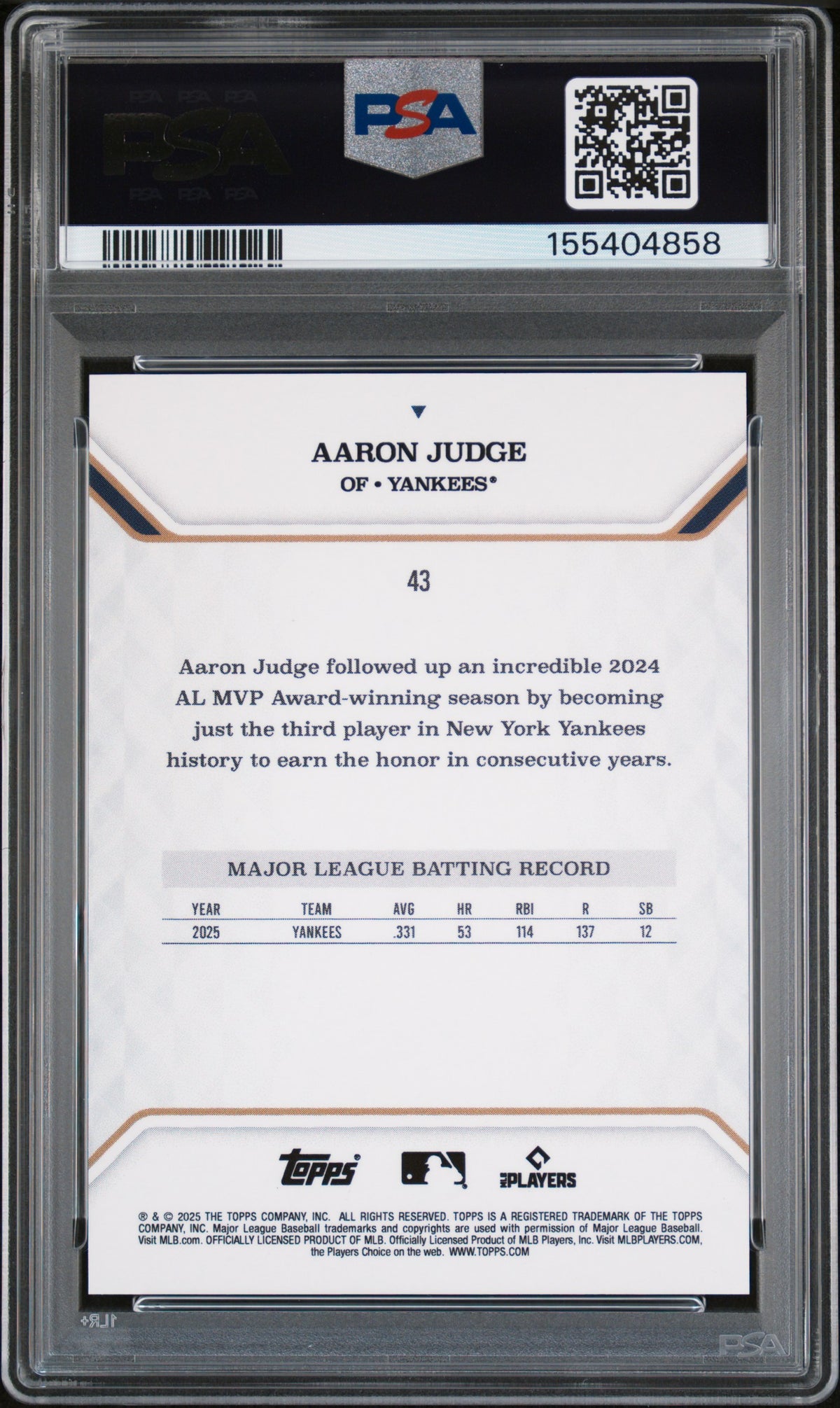 2025 Topps MLB MVP Aaron Judge Gold Foil 21/50 PSA 10