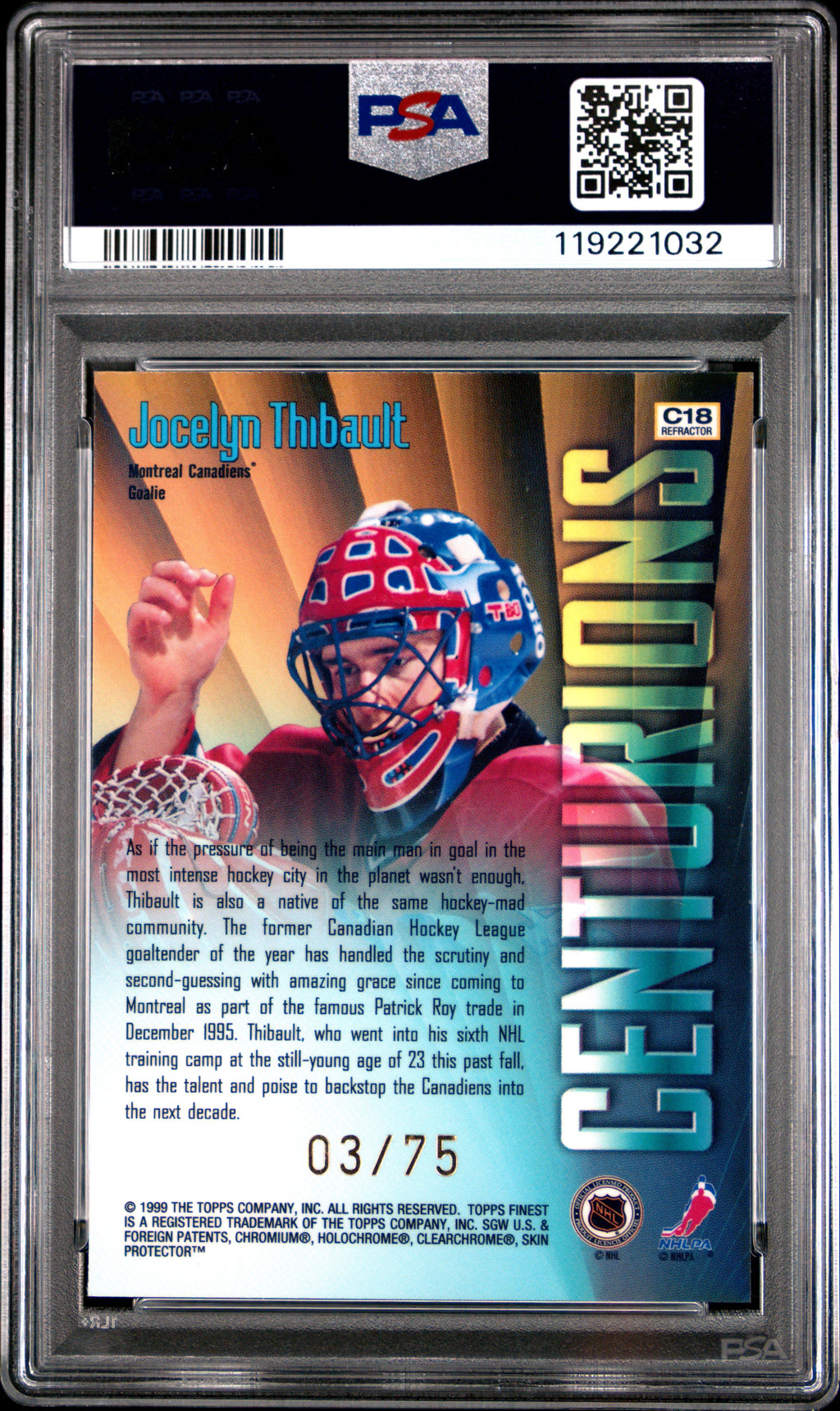 1998 Finest Centurions Jocelyn Thibault #C18 Refractor PSA 8