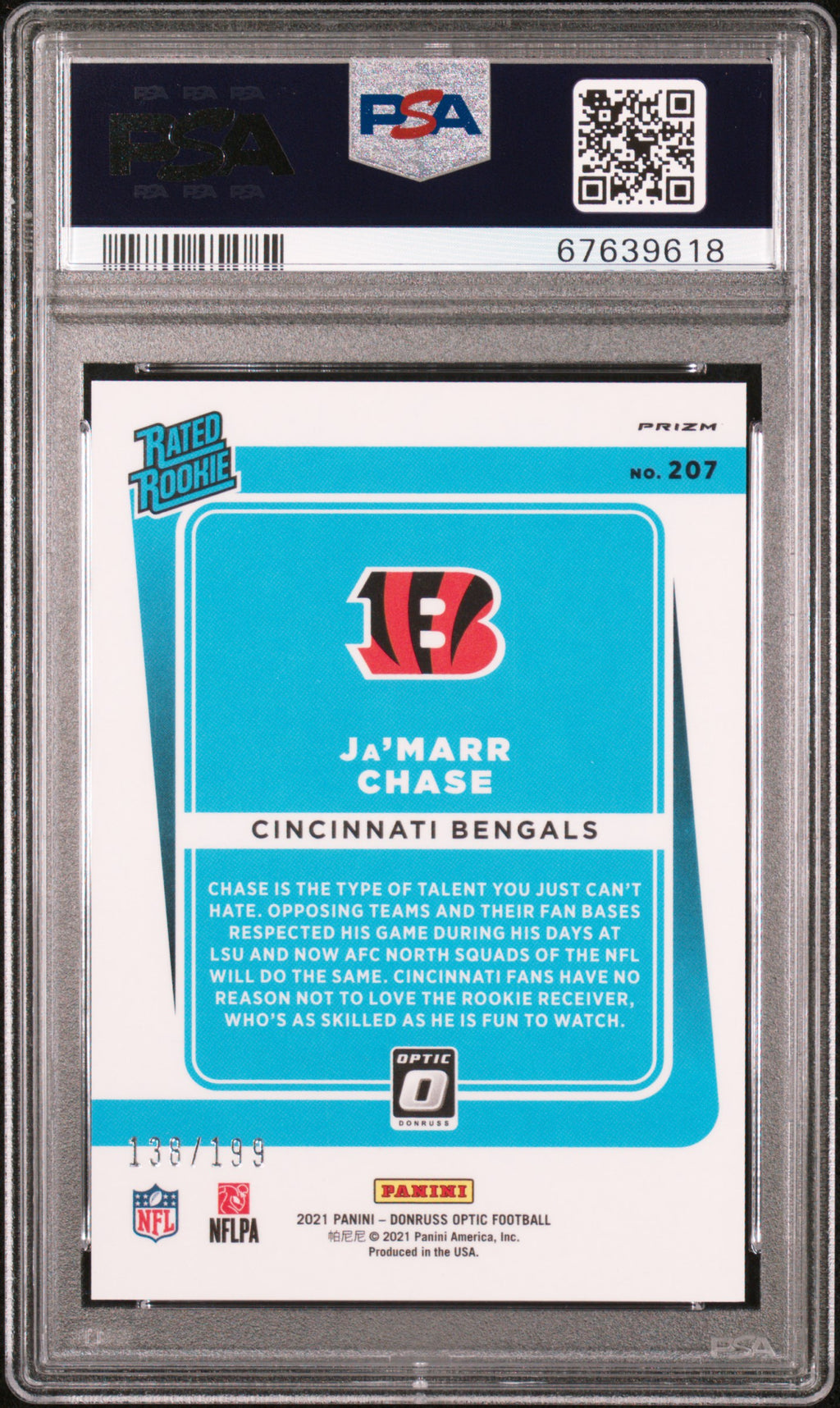 2021 Optic Ja'Marr Chase Orange 138/199 PSA 10 RC