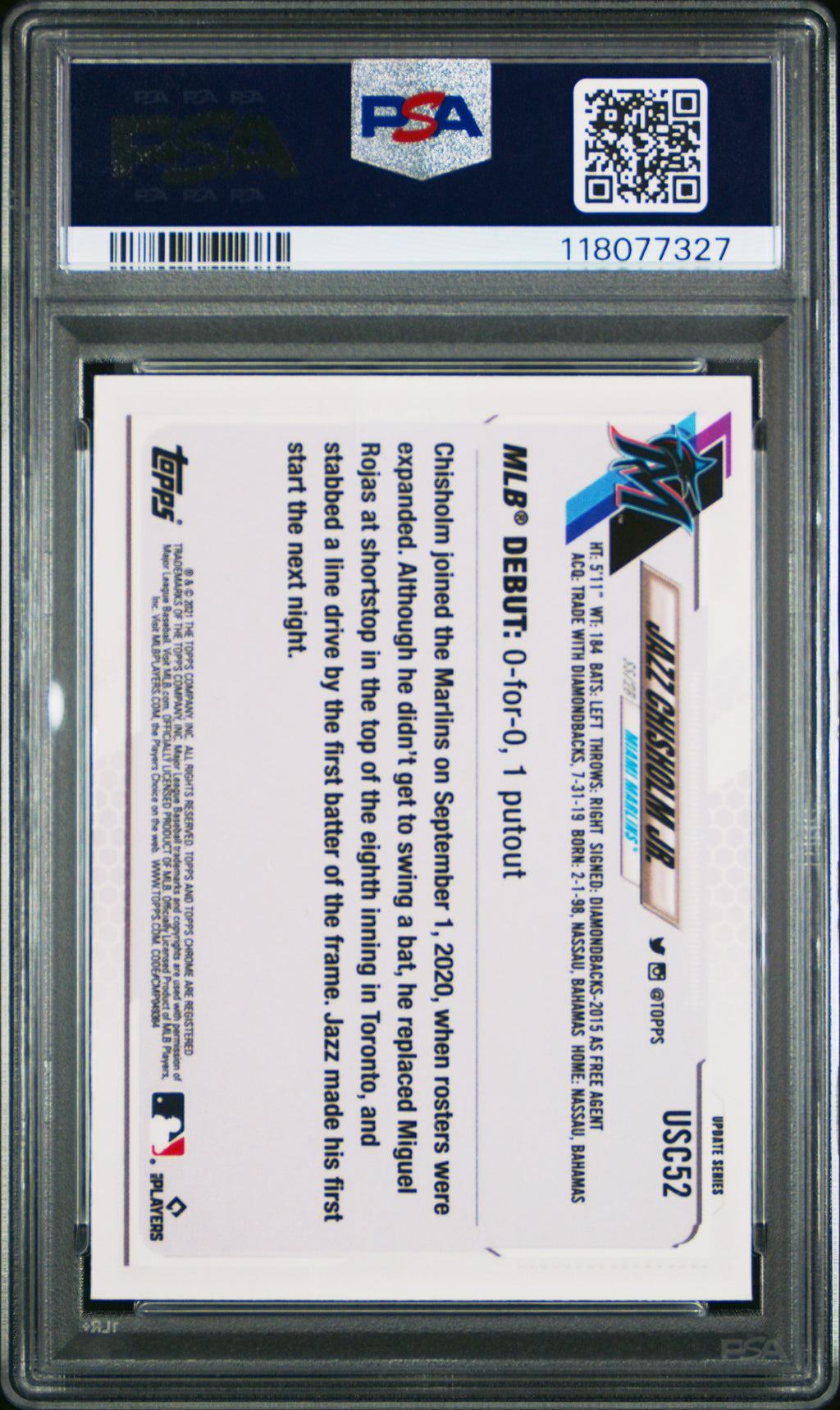 2021 Topps Chrome Update Jazz Chisholm Jr. Purple Refractor PSA 9