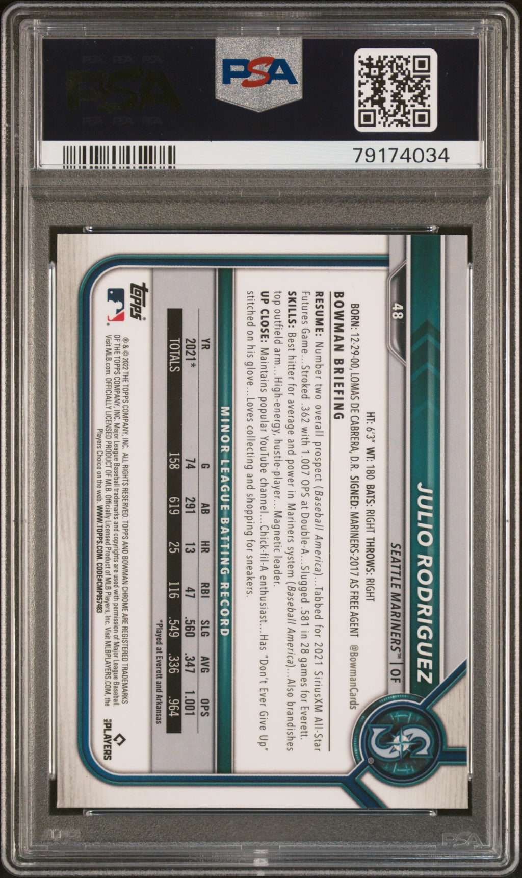 2022 Bowman Chrome Sapphire Julio Rodriguez PSA 10