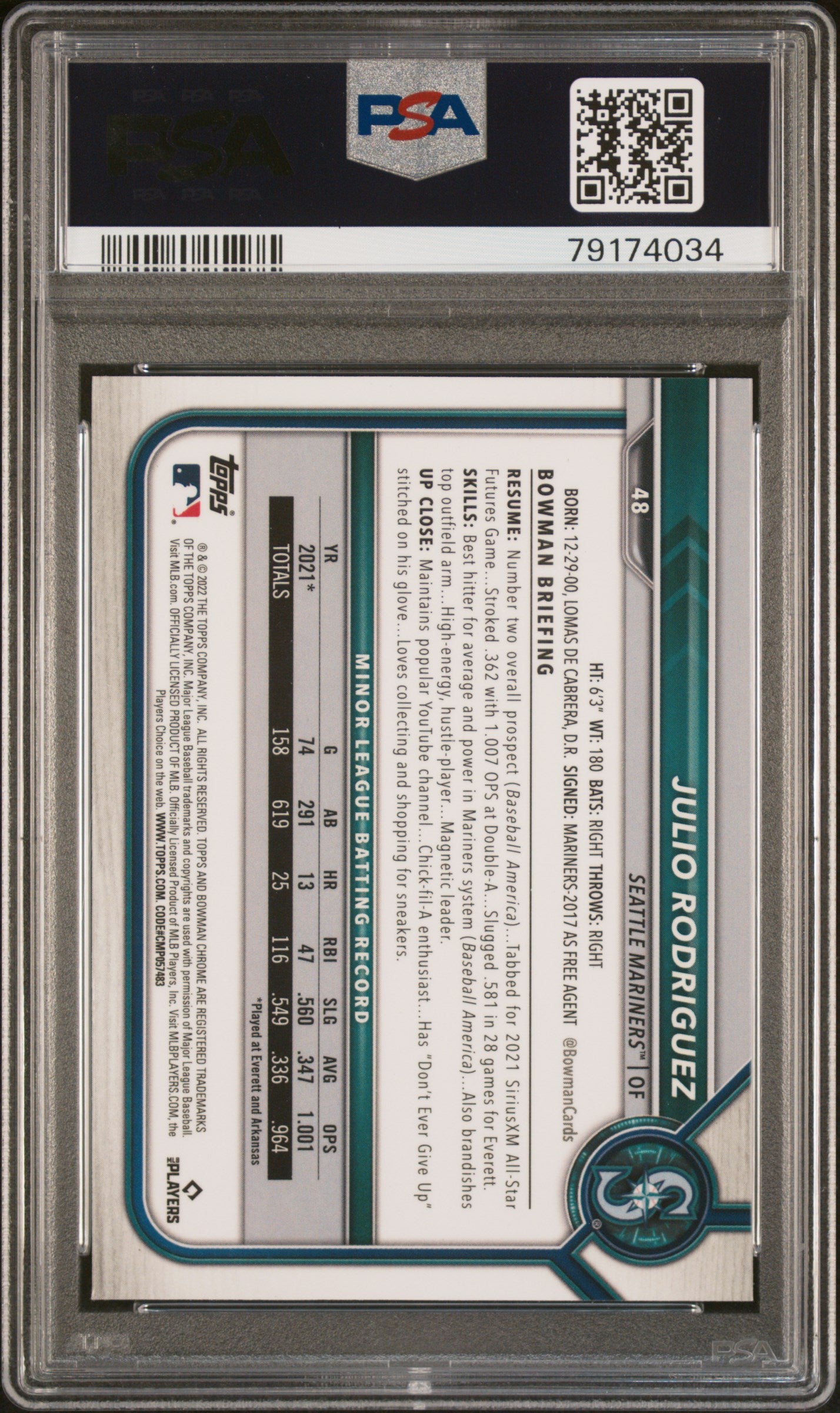 2022 Bowman Chrome Sapphire Julio Rodriguez PSA 10