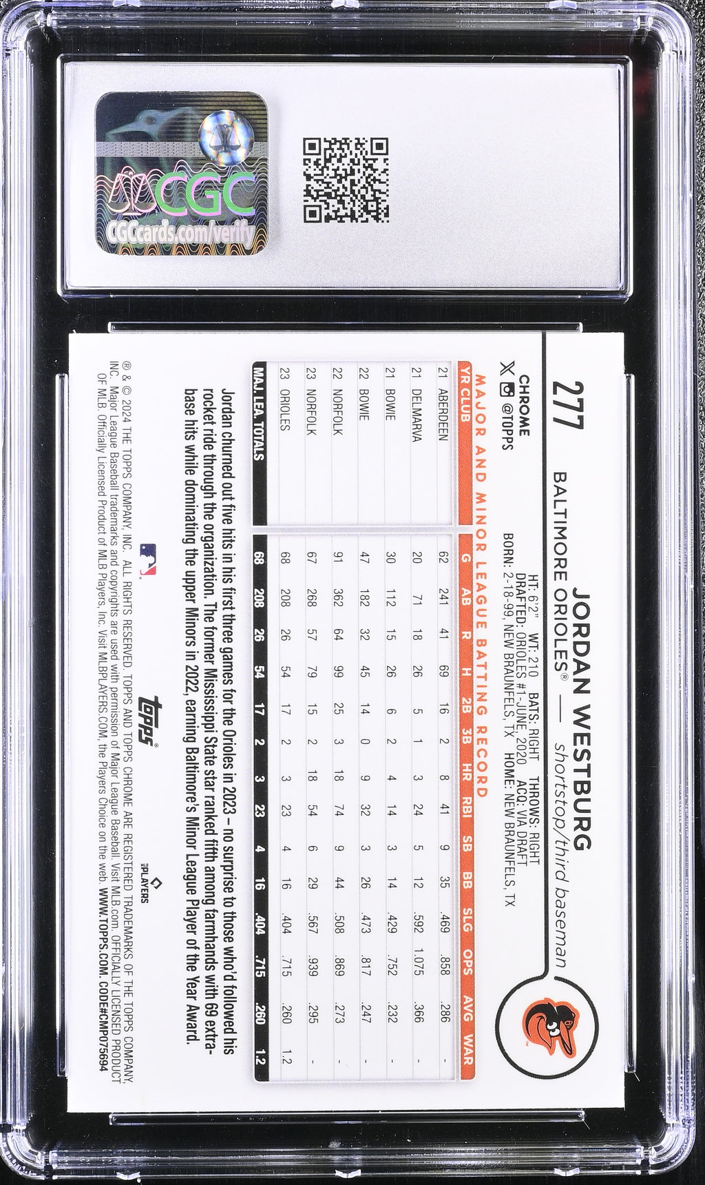 2024 Topps Chrome Jordan Westburg Rookie Prism Refractor CGC 10 RC
