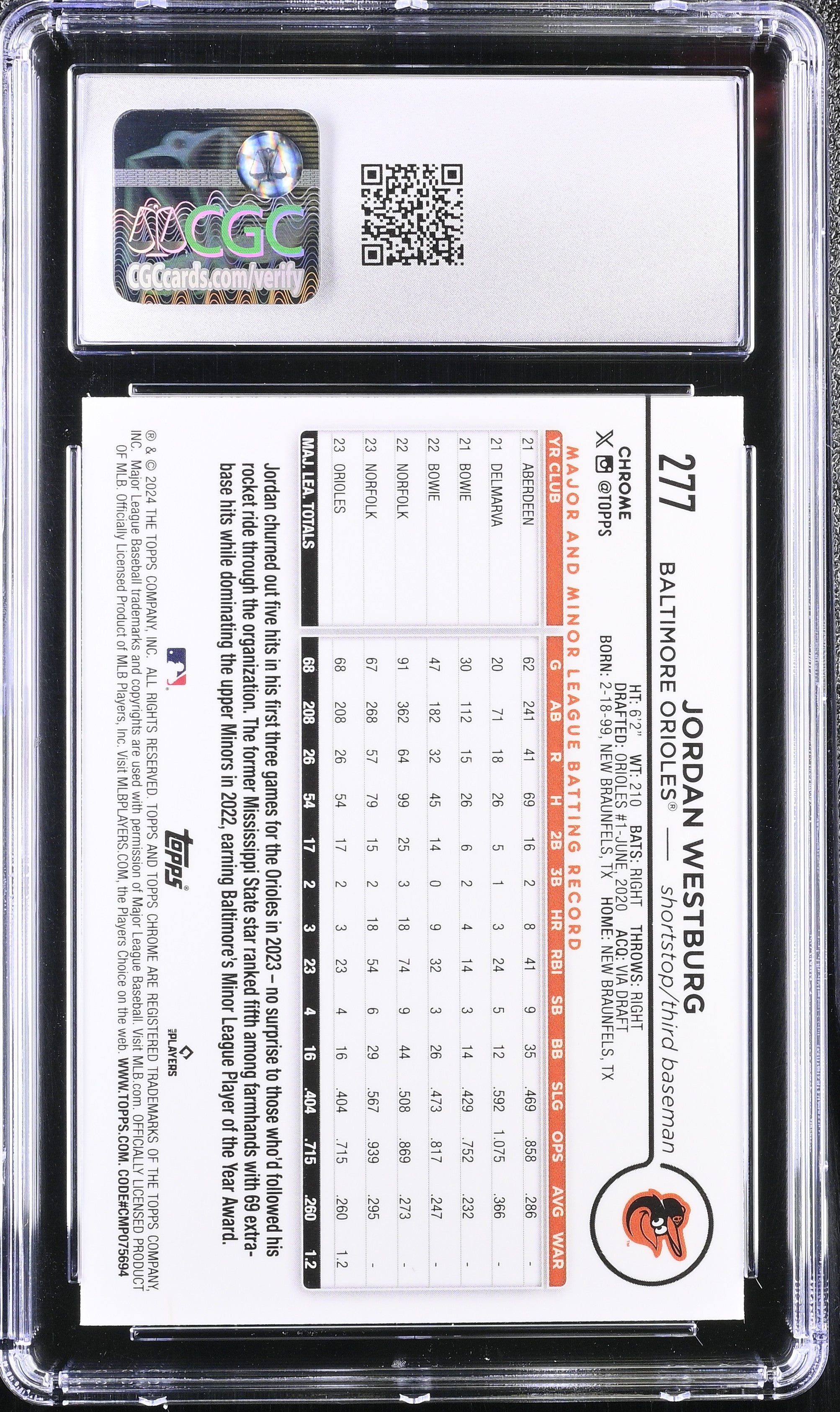 2024 Topps Chrome Jordan Westburg Rookie Prism Refractor CGC 10 RC