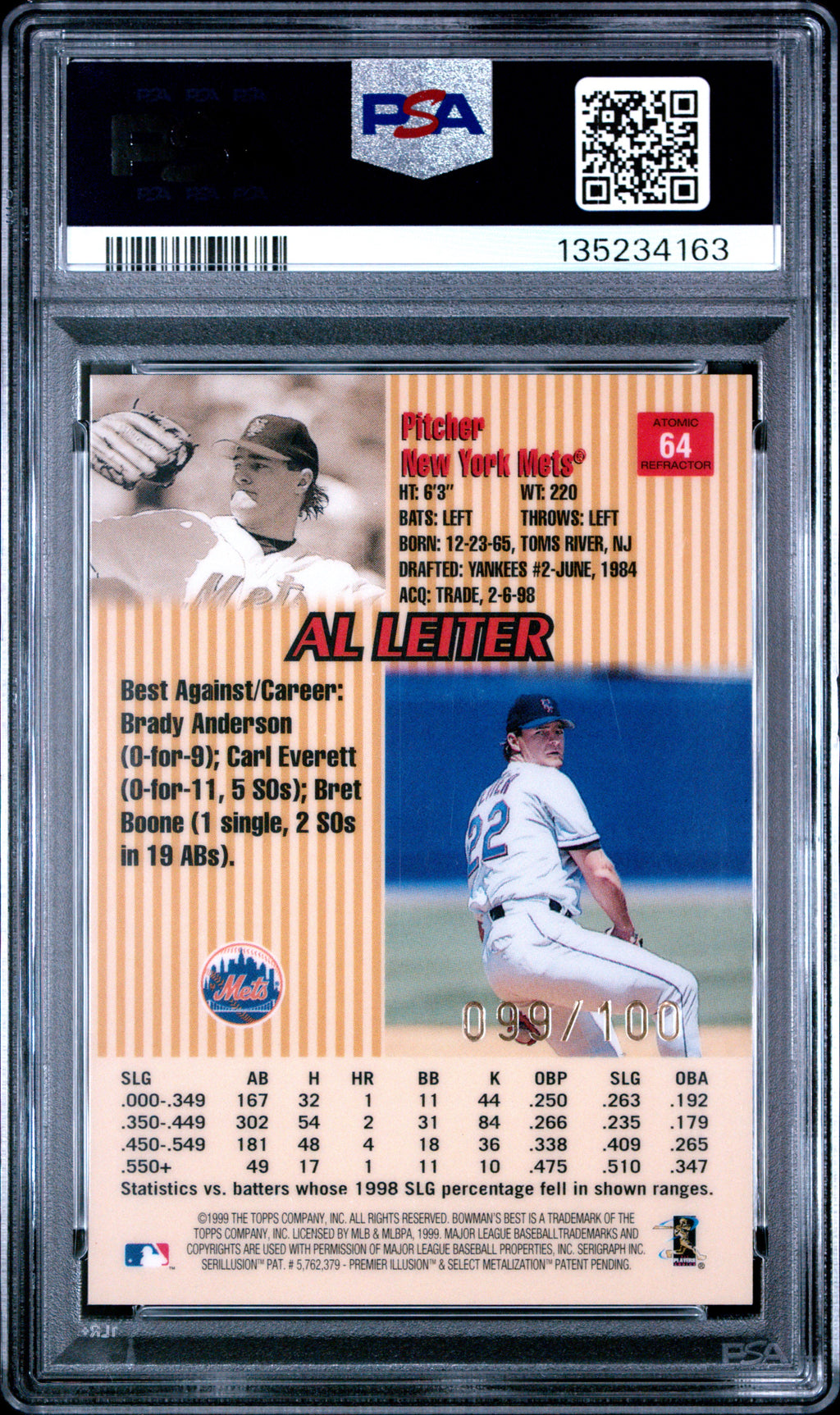 1999 Bowman's Best Al Leiter #64 Atomic Refractor PSA 10