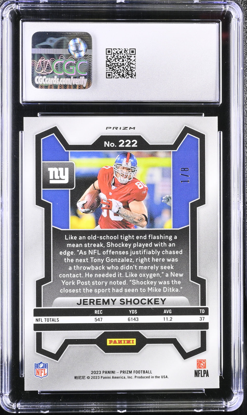 2023 Prizm Jeremy Shockey Green Sparkle 1/8 CGC 9