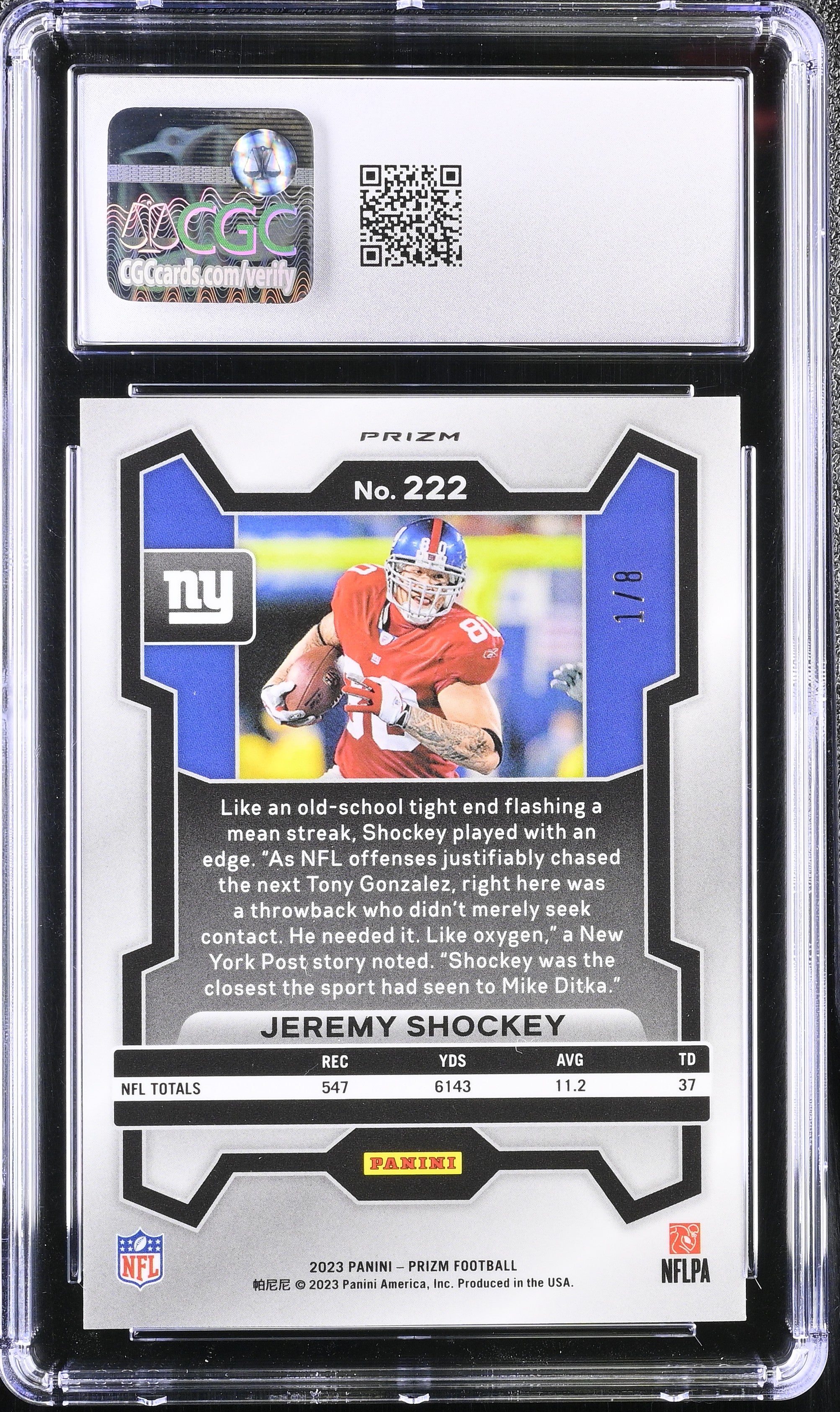 2023 Prizm Jeremy Shockey Green Sparkle 1/8 CGC 9