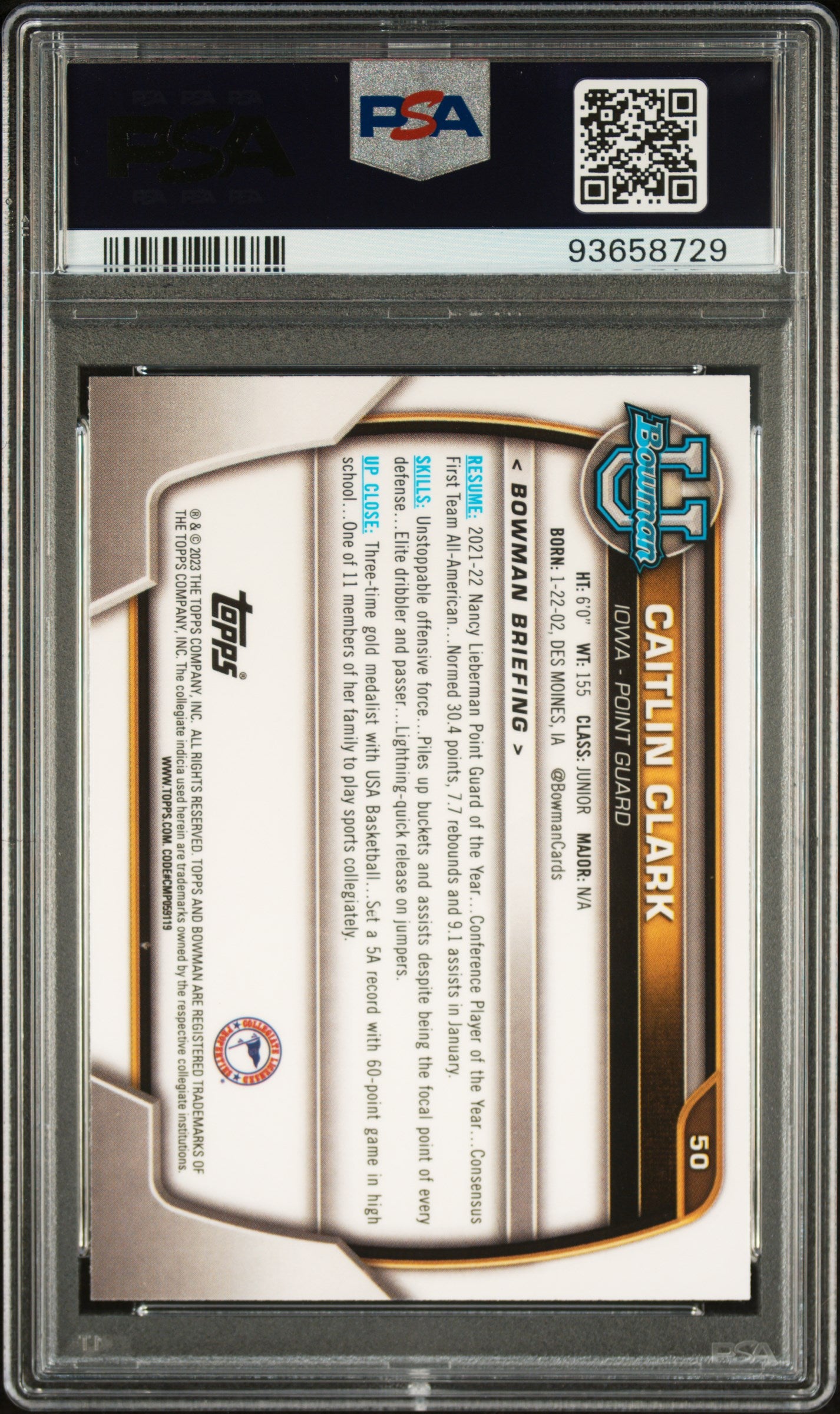 2022 Bowman University Caitlin Clark Chrome PSA 10