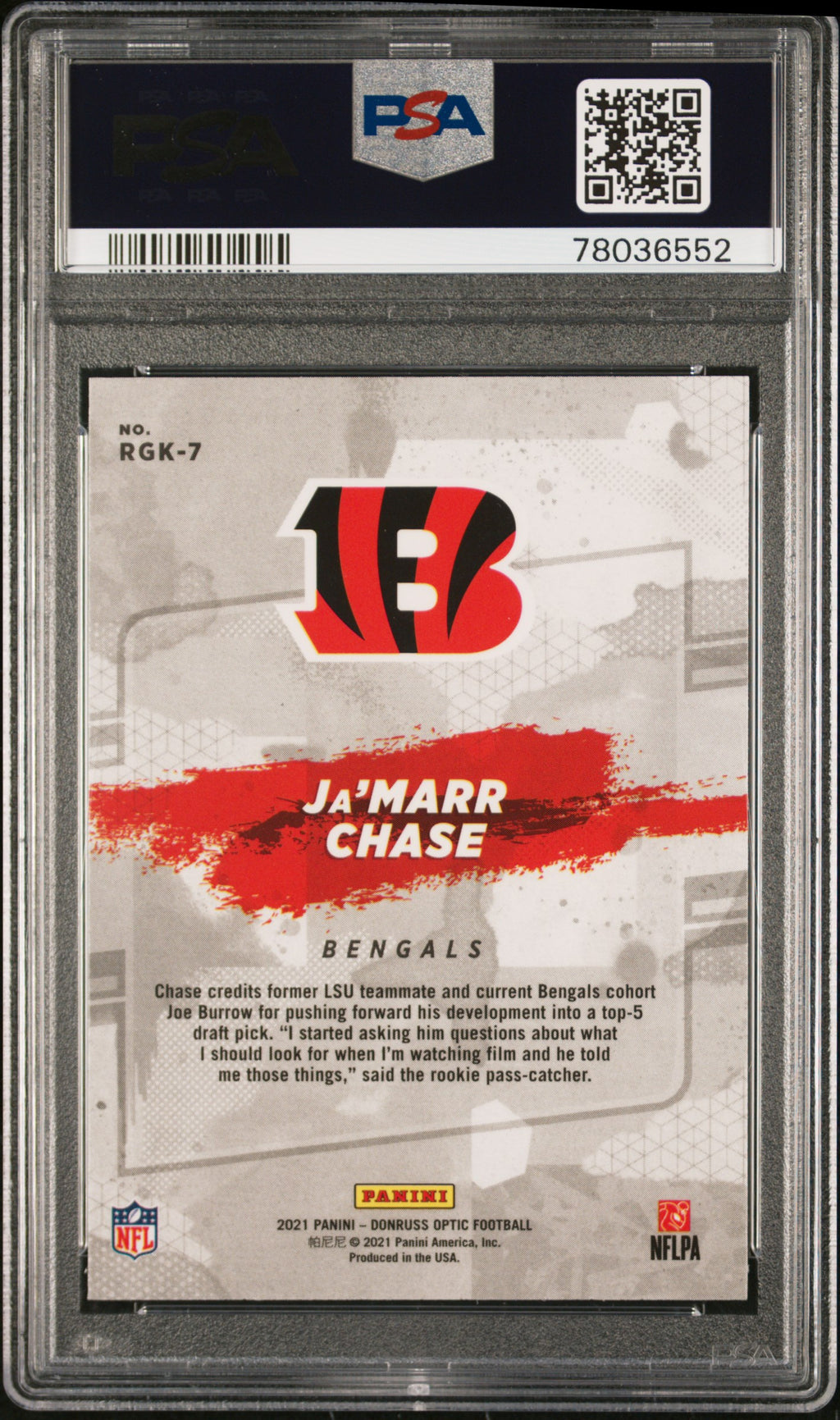 2021 Donruss Optic Ja'marr Chase Rookie Gridrion Kings PSA 10 RC