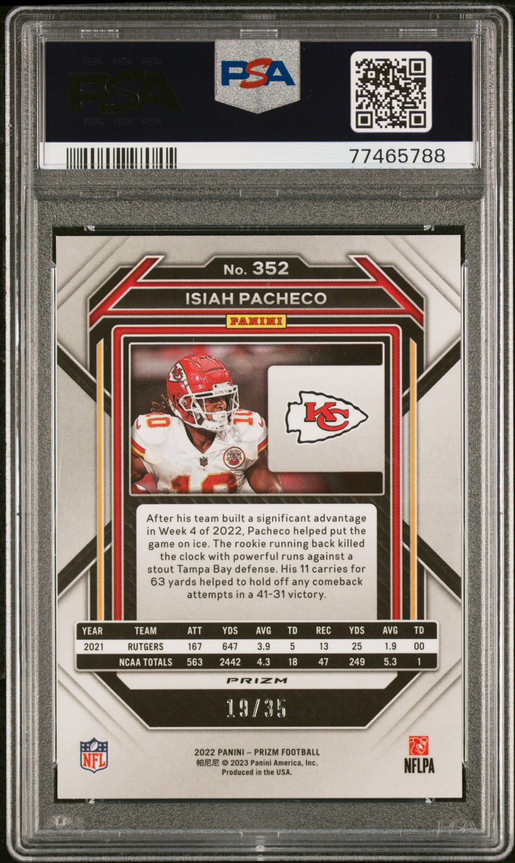 2022 Prizm Isiah Pacheco Rookie No Huddle Purple 19/35 PSA 10 RC