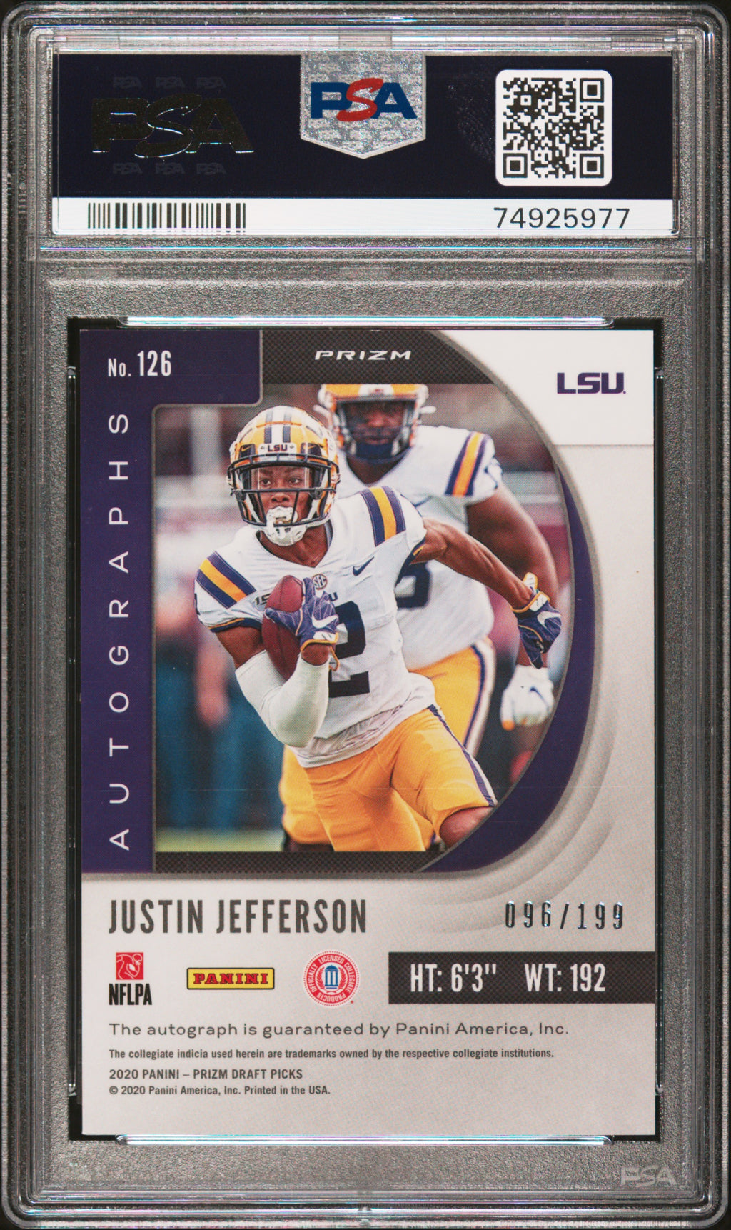 2020 Prizm Draft Picks Justin Jefferson Auto Purpke Green Prizm PSA 9