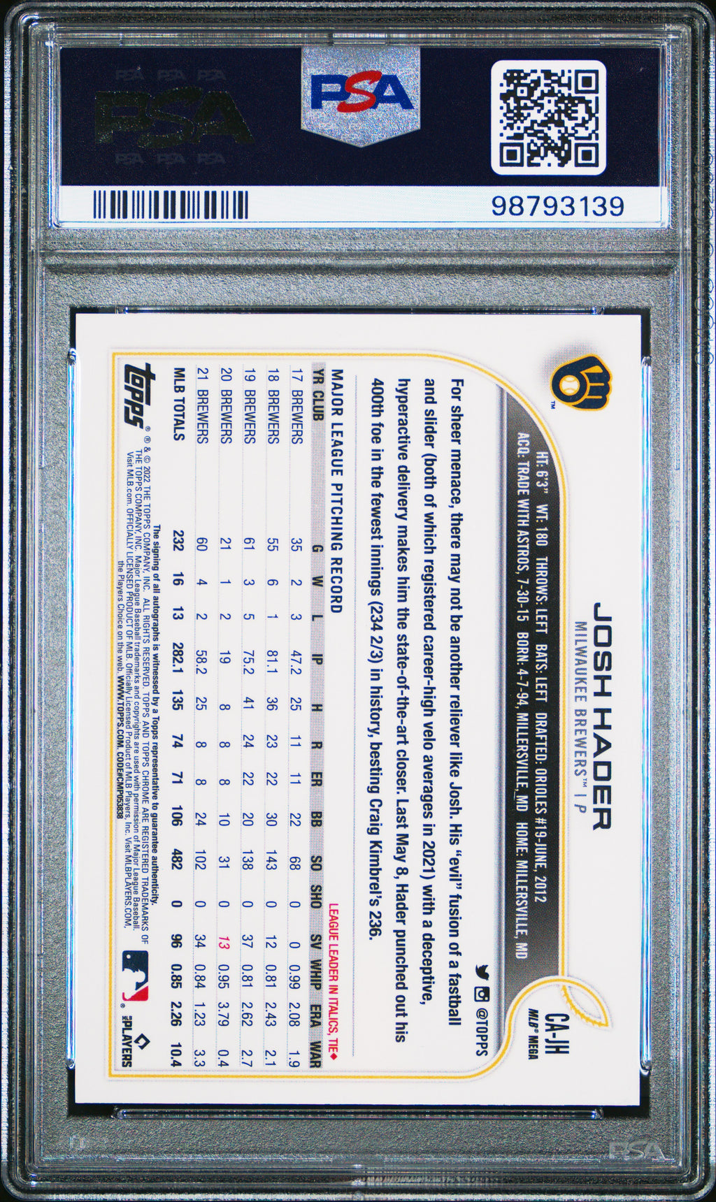 2022 Topps Chrome Logofractor Josh Hader Auto PSA 9
