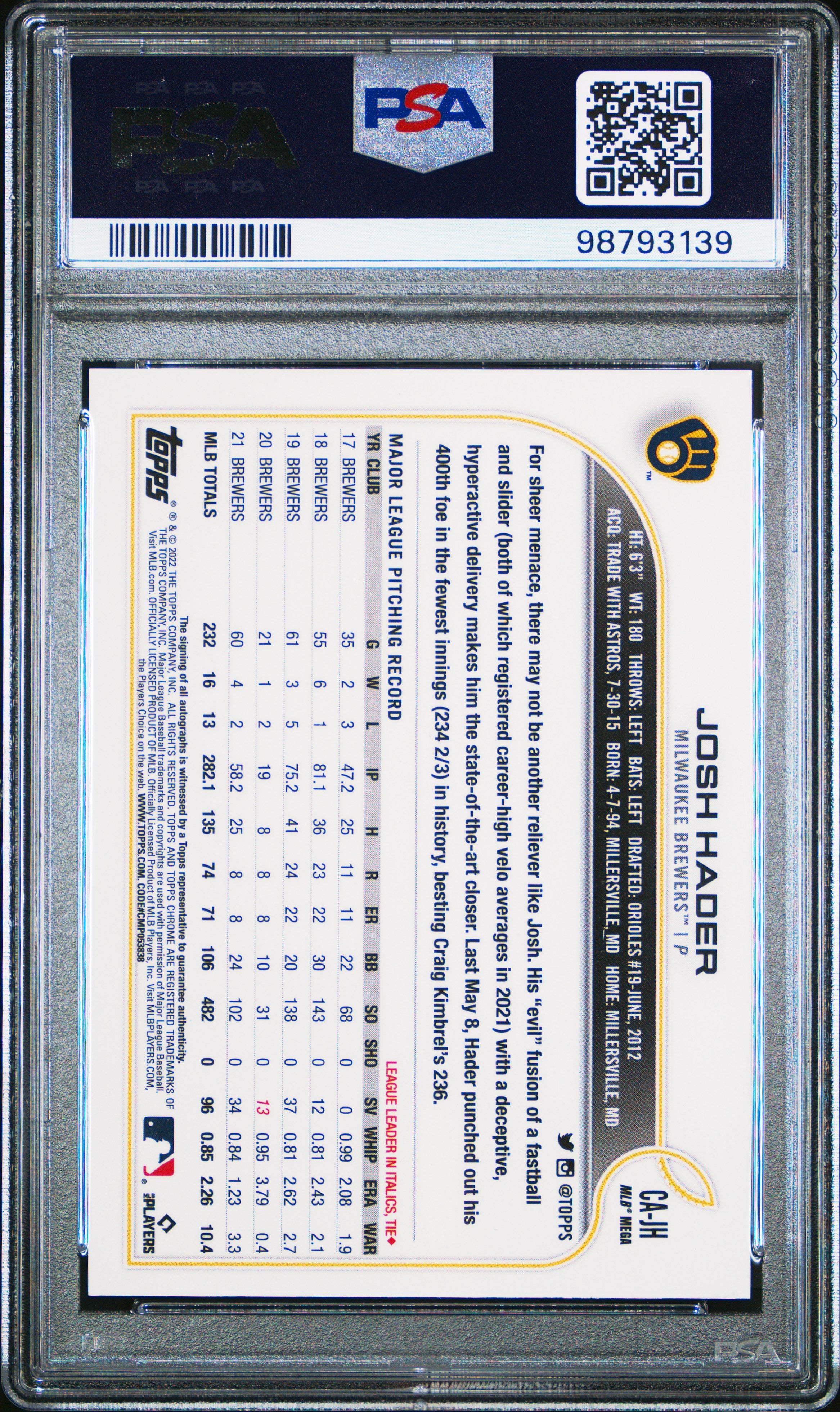 2022 Topps Chrome Logofractor Josh Hader Auto PSA 9