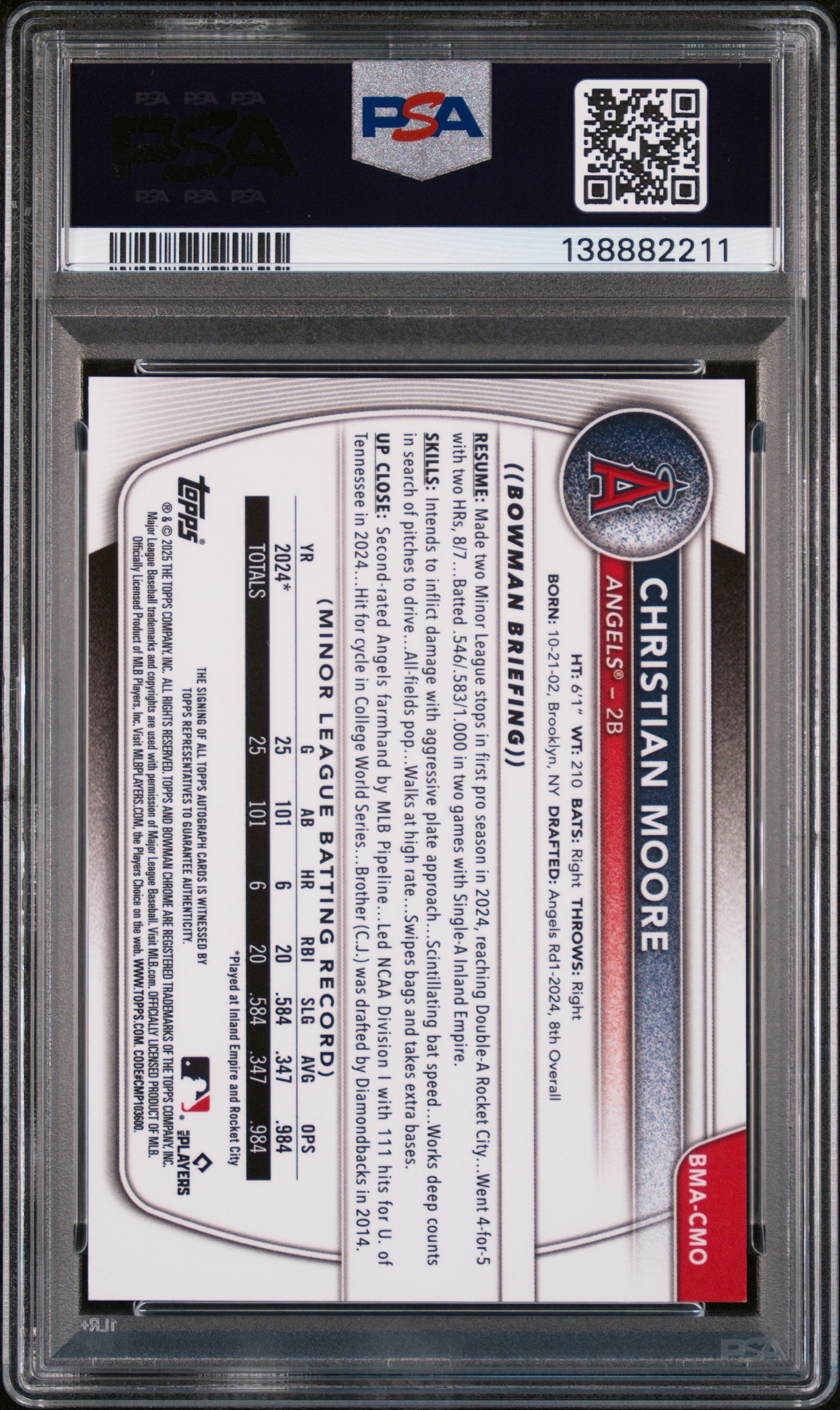 2025 Bowman Mega Box Christian Moore Blue Refractor Auto 136/150 PSA 10