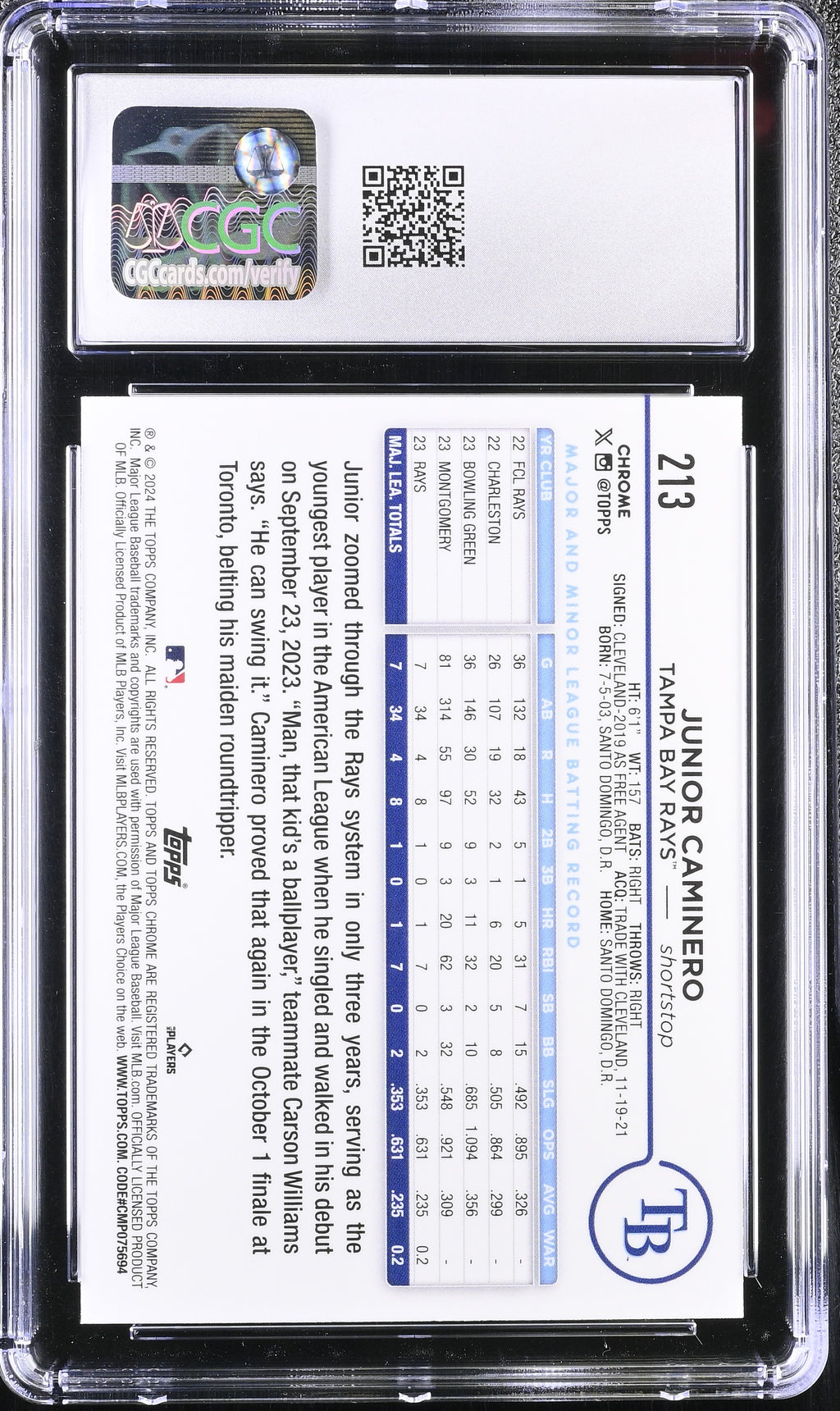 2024 Topps Chrome Junior Caminero Rookie Prism Refractor CGC 10 RC