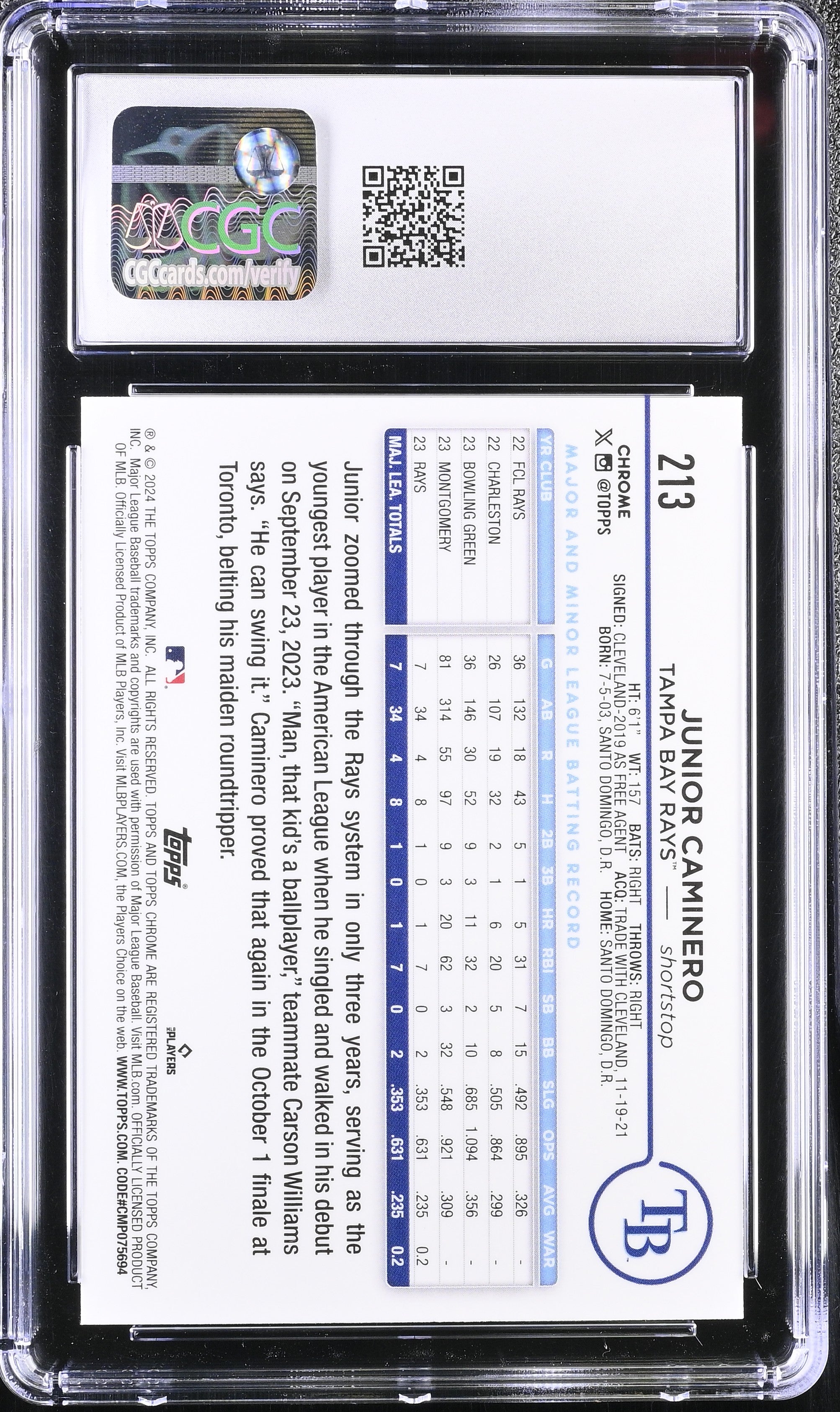 2024 Topps Chrome Junior Caminero Rookie Prism Refractor CGC 10 RC