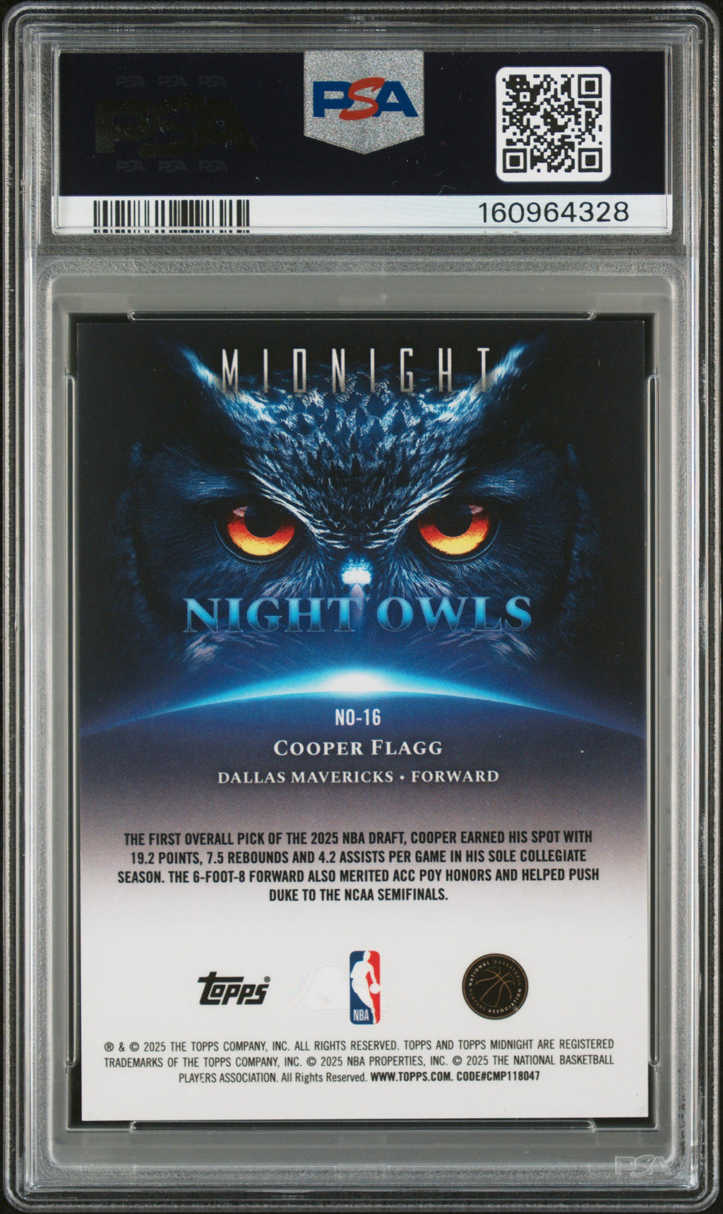 2025 Topps Midnight Cooper Flagg Rookie Night Owls Winter Solstice 25/35 PSA 9 RC 2025 Topps Midnight Night Owls Cooper Flagg #NO-16 Winter Solstice /35 PSA 9