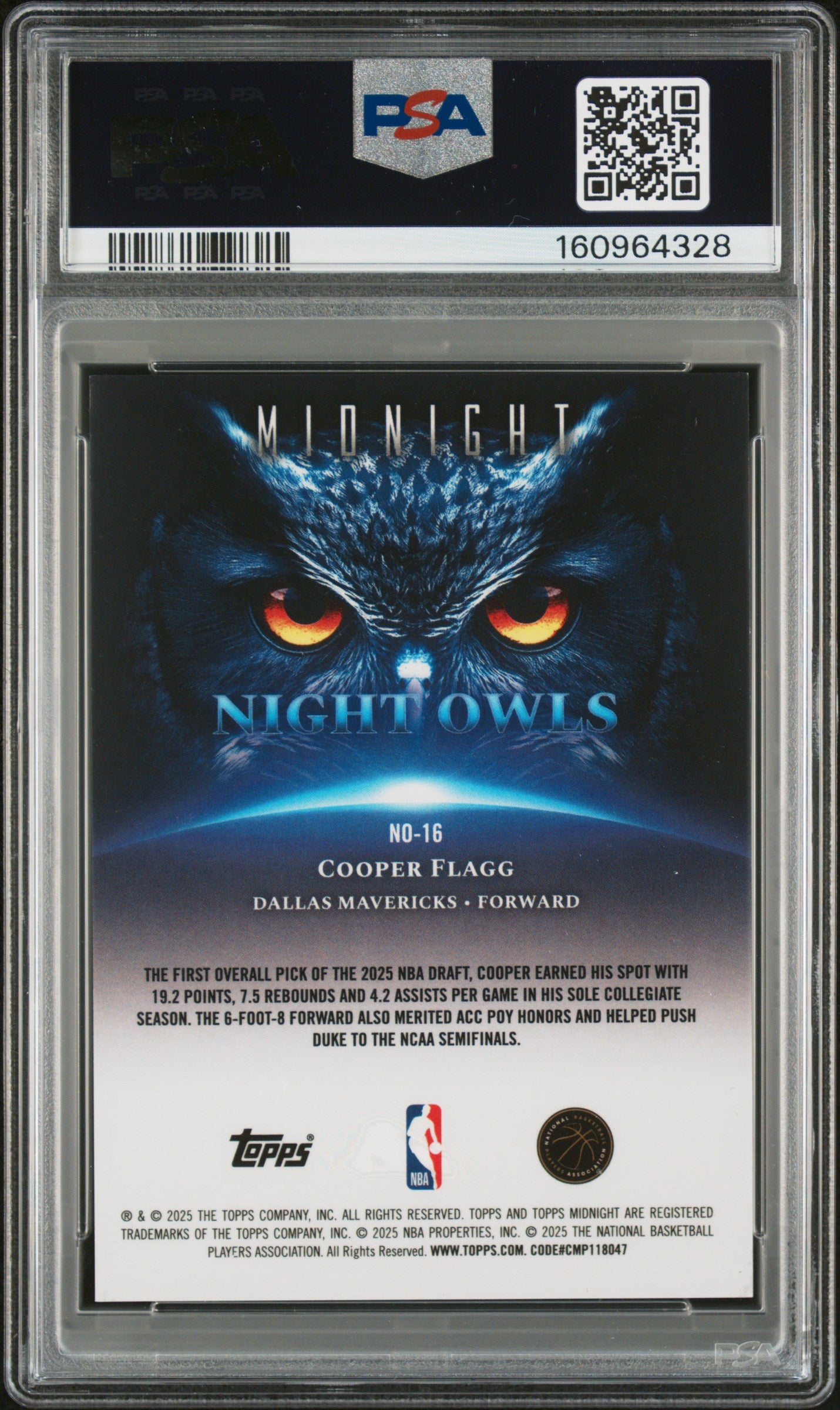 2025 Topps Midnight Cooper Flagg Rookie Night Owls Winter Solstice 25/35 PSA 9 RC 2025 Topps Midnight Night Owls Cooper Flagg #NO-16 Winter Solstice /35 PSA 9