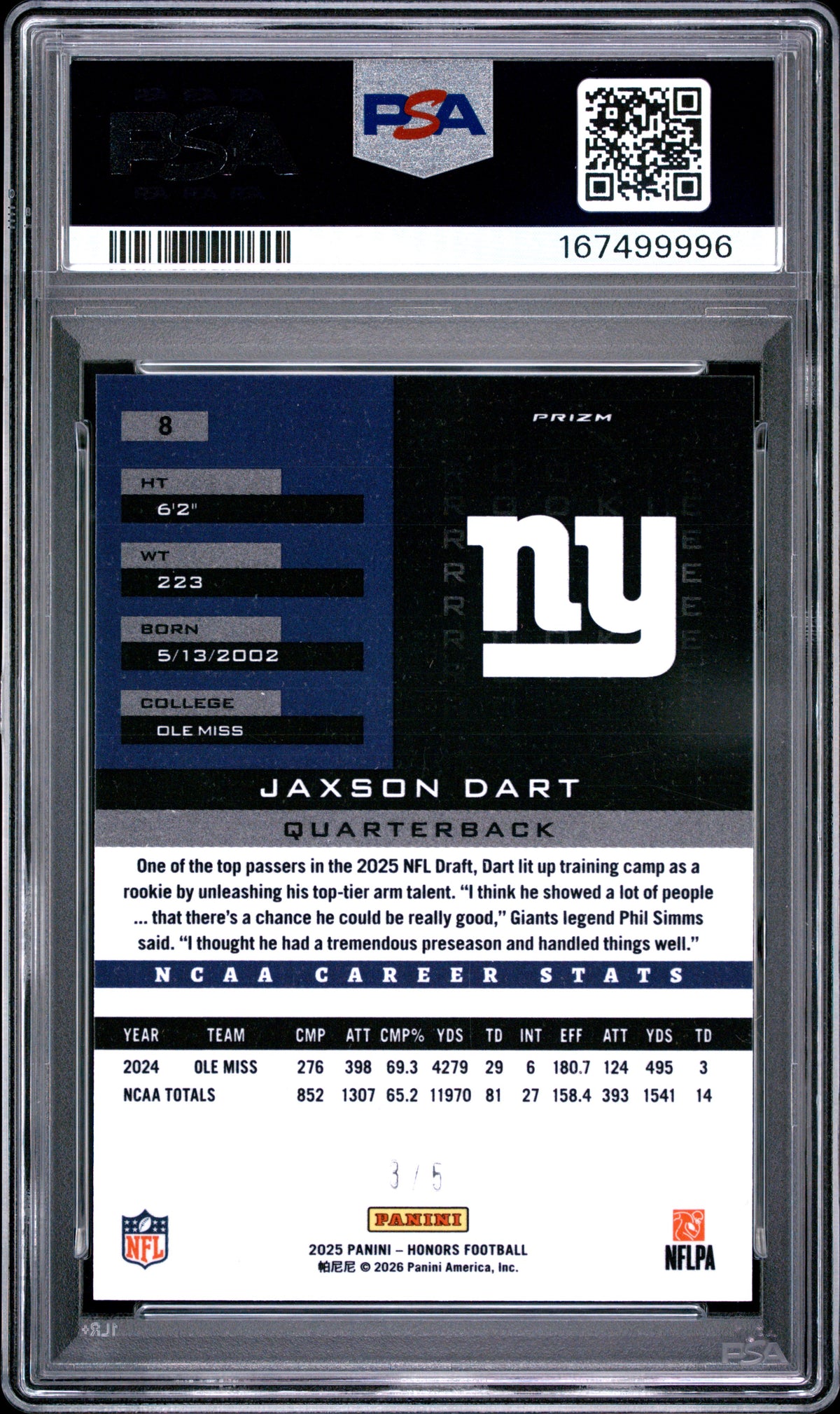 2025 Honors Jaxson Dart 2002 Honors Rookies Green 3/5 PSA 10 RC