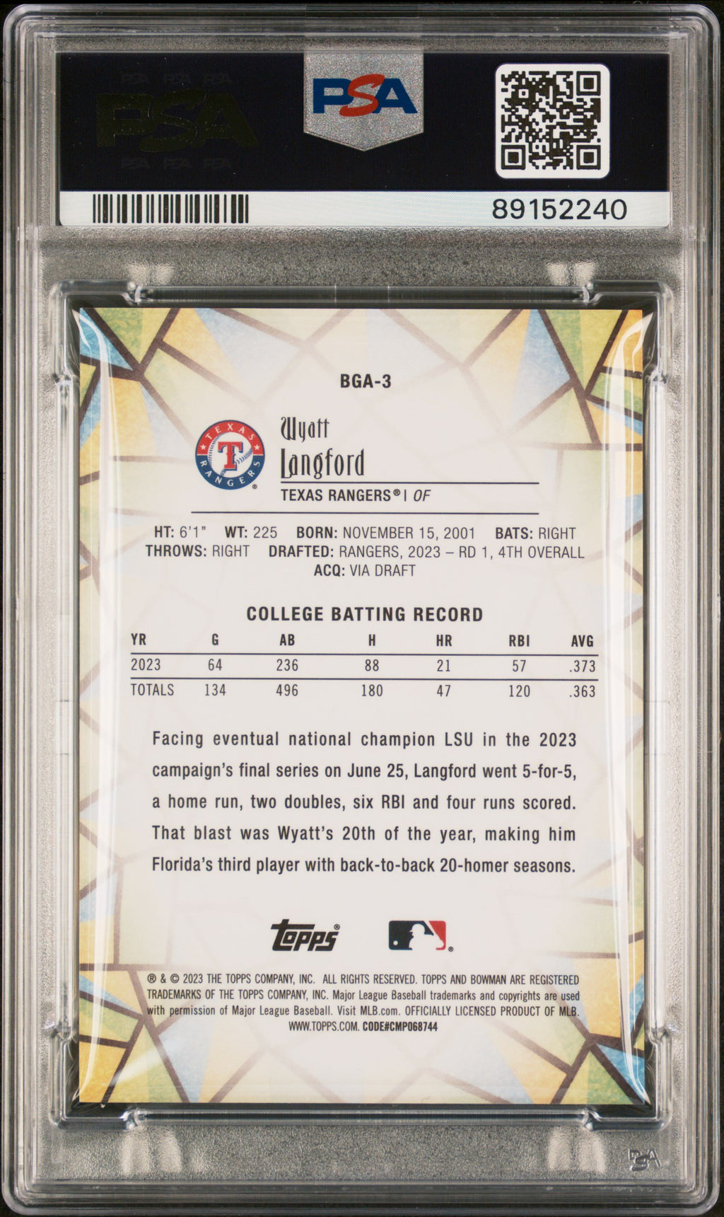 2023 Bowman Draft Bowman Glass Wyatt Langford #BGA3 PSA 10