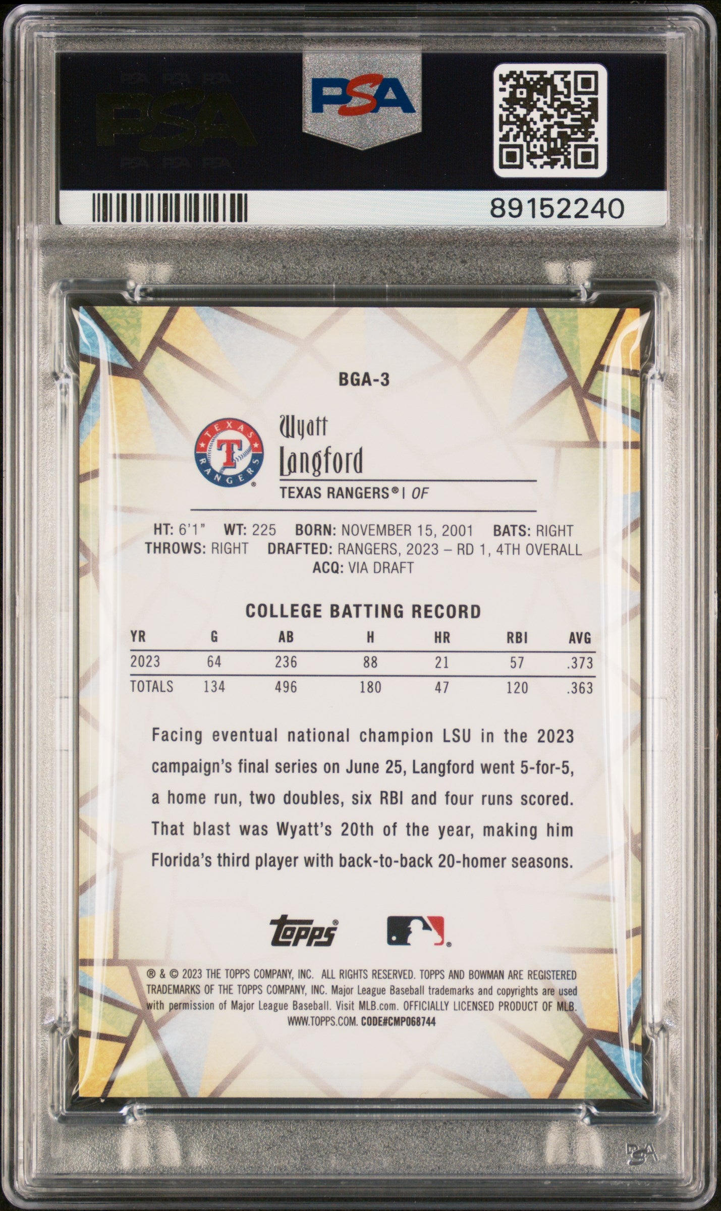 2023 Bowman Draft Bowman Glass Wyatt Langford #BGA3 PSA 10