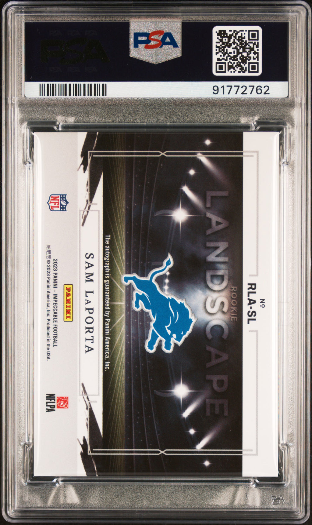 2023 Panini Impeccable Rookie Landscape Autographs Sam Laporta #RLASL /68 PSA 9