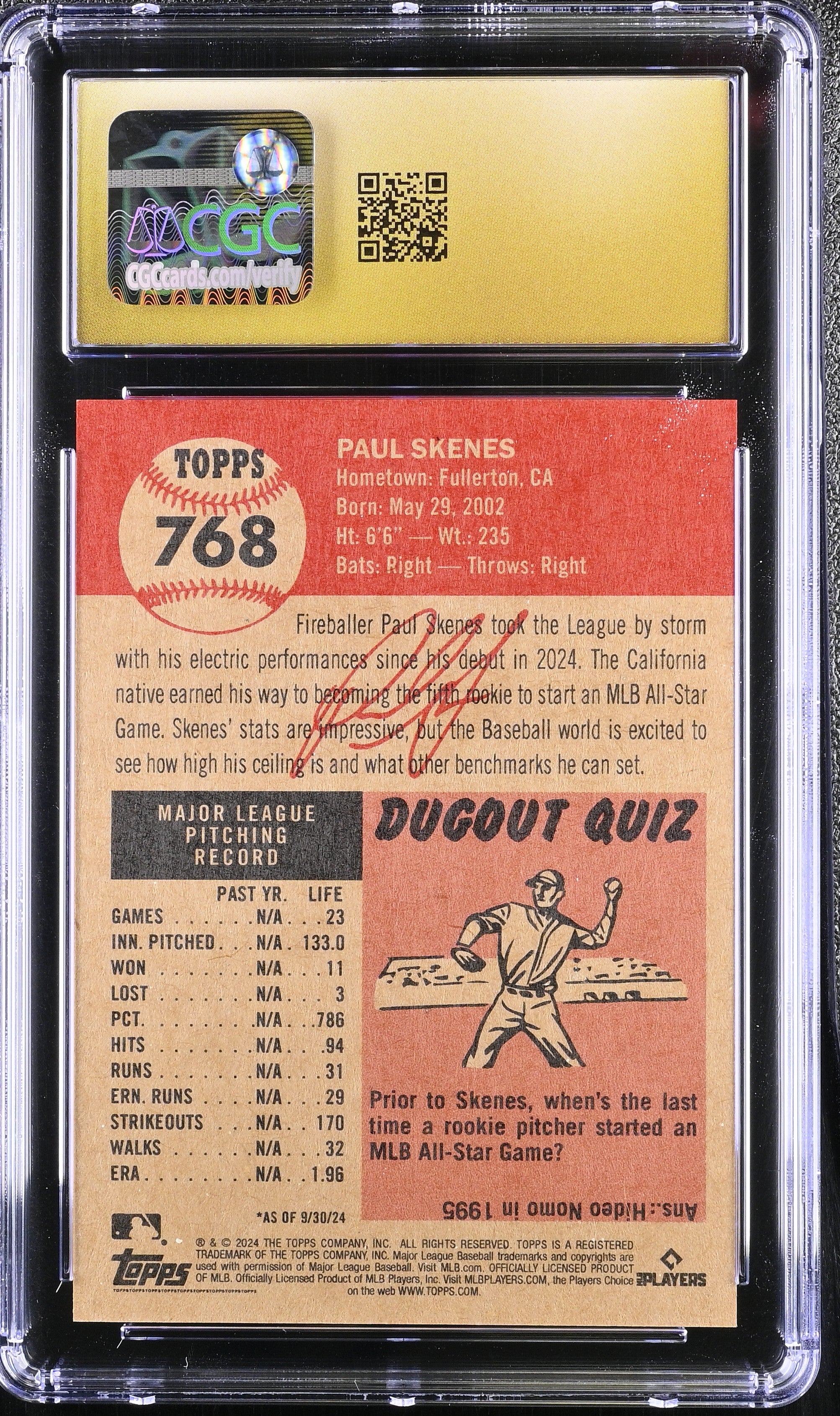 2024 Topps Living Set Paul Skenes CGC Pristine 10