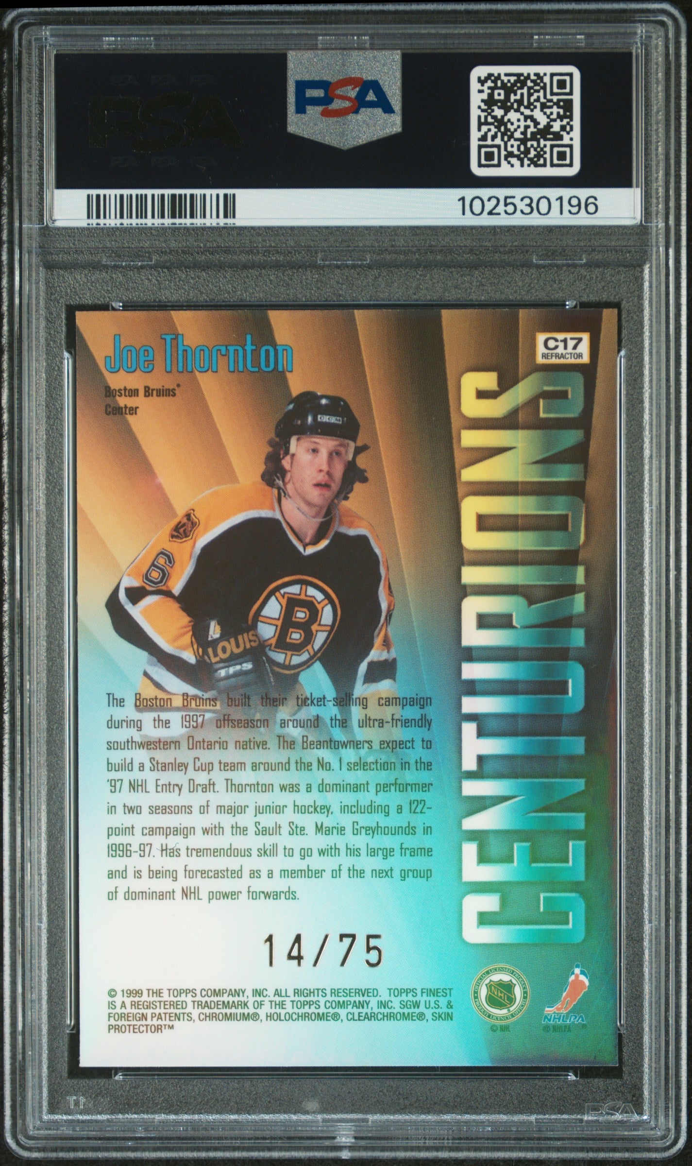 1998 Finest Centurions Joe Thornton #C17 Refractor PSA 8