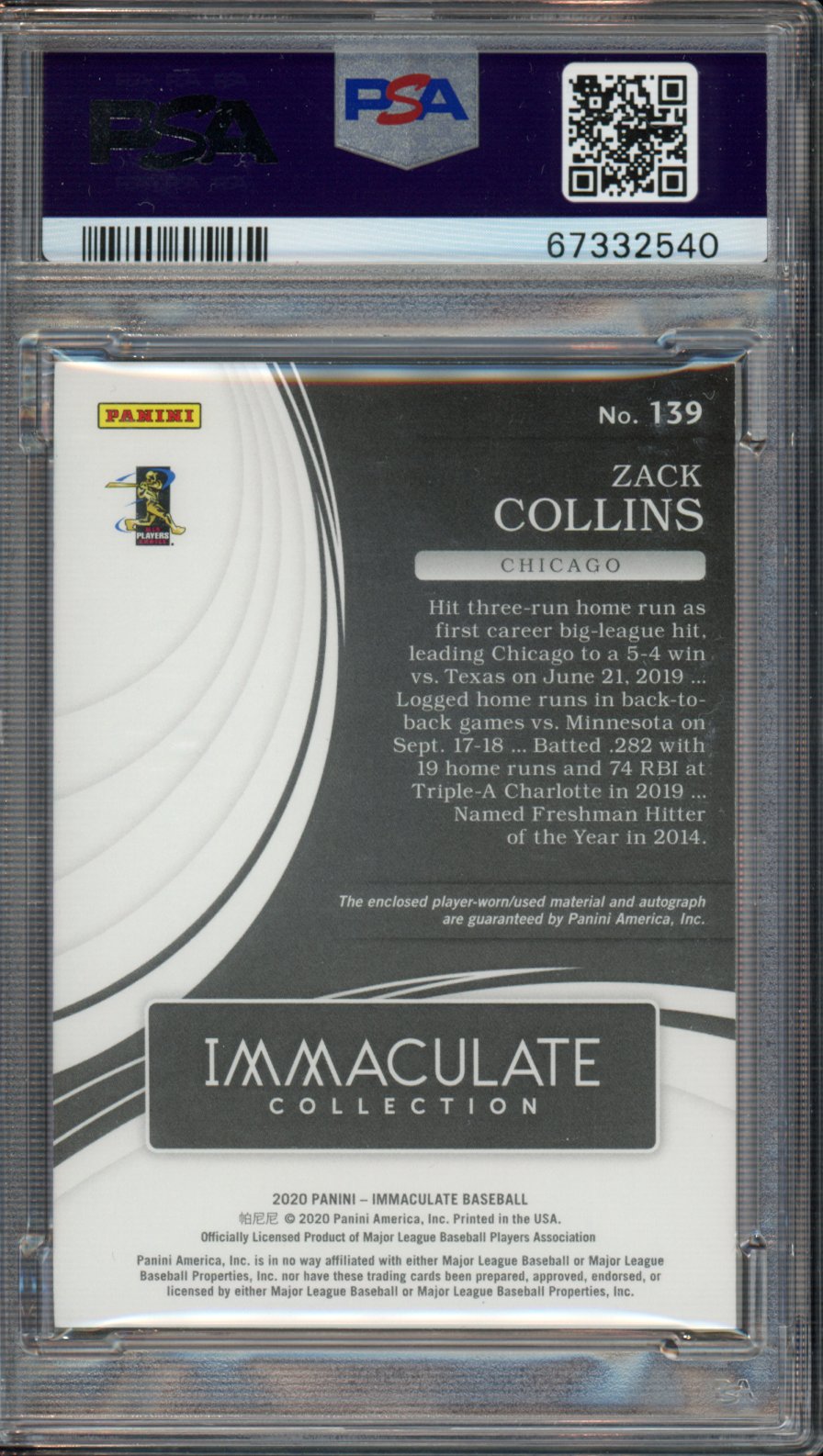 2020 Immaculate Collection Zack Collins Rookie Patch Auto RPA 1/1 PSA 8 RC