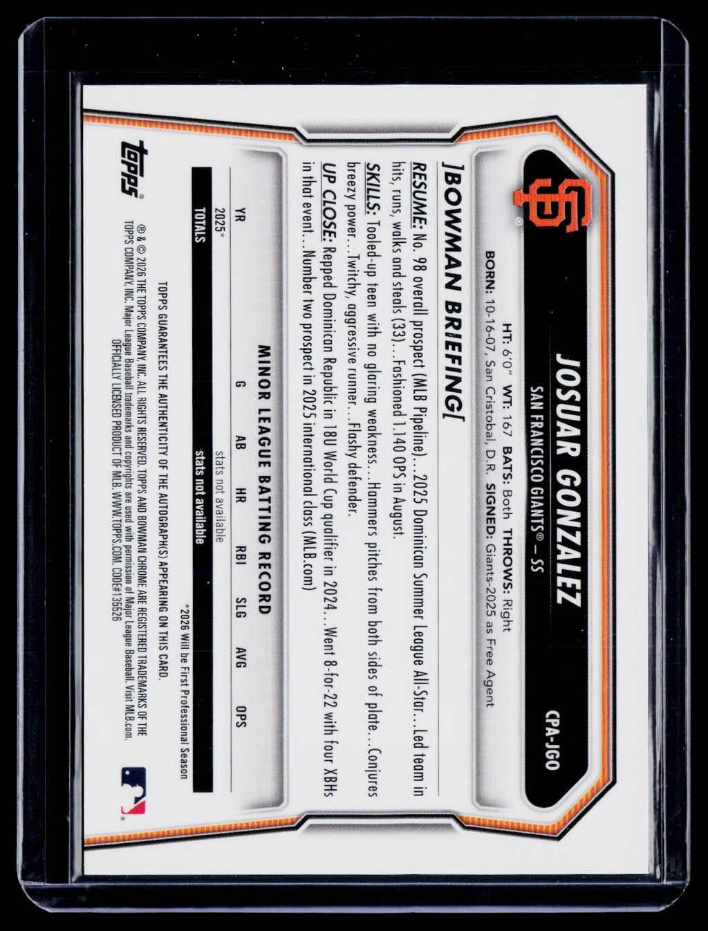 2026 Bowman Chrome Josuar Gonzalez Speckle Auto 150/299