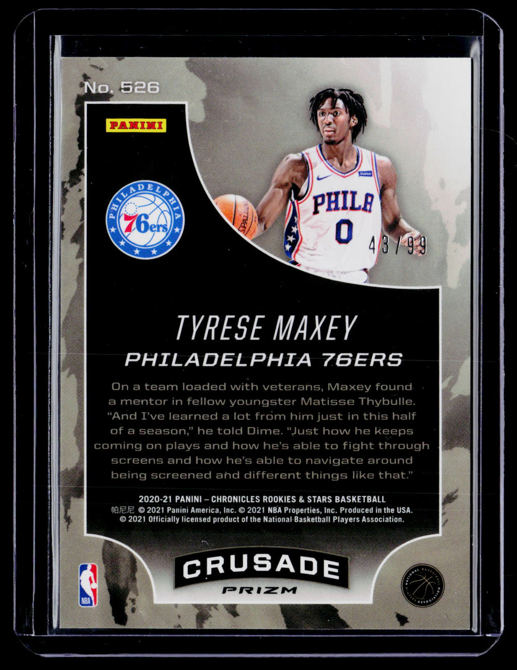 2020-21 Chronicles Crusade Tyrese Maxey Rookie Blue 43/99 RC
