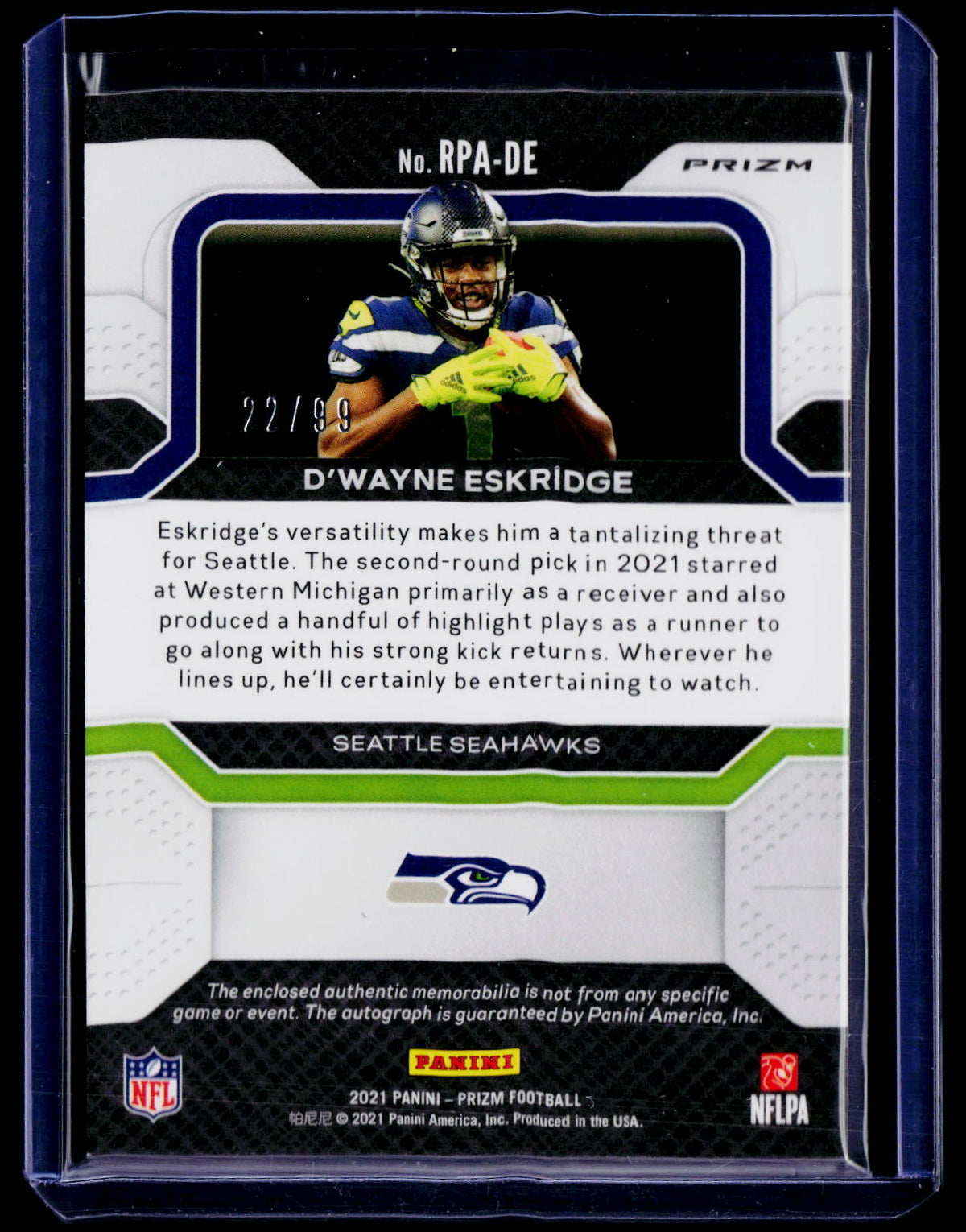 2021 Prizm D'Wayne Eskridge Rookie Patch Auto RPA 22/99 RC