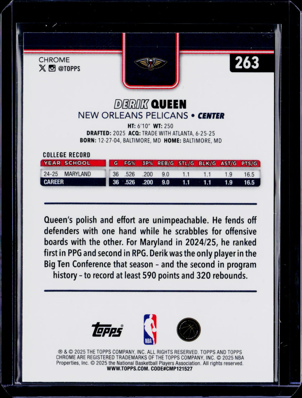 2025-26 Topps Chrome Derik Queen Rookie Magenta Refractor 89/399 RC