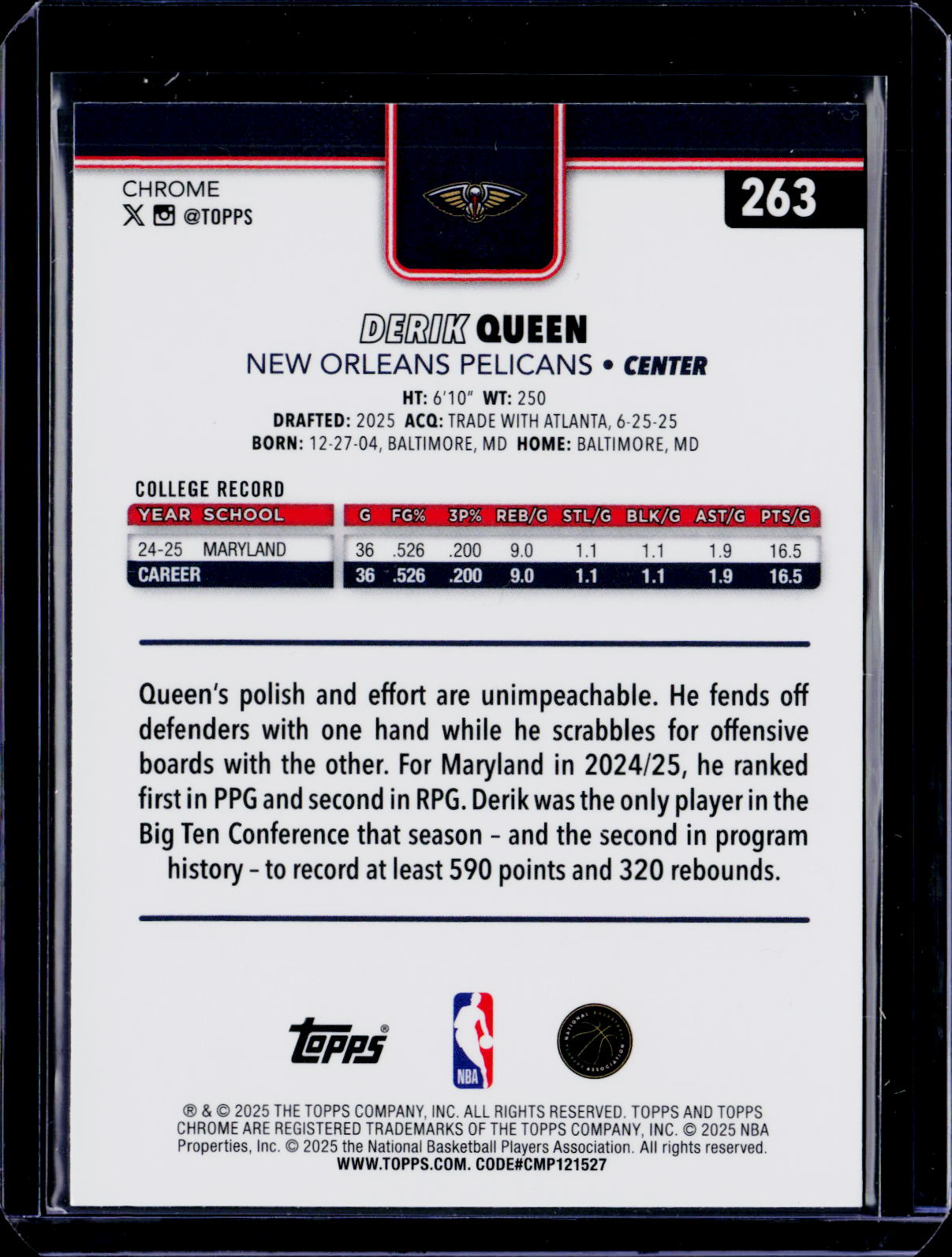 2025-26 Topps Chrome Derik Queen Rookie Magenta Refractor 89/399 RC