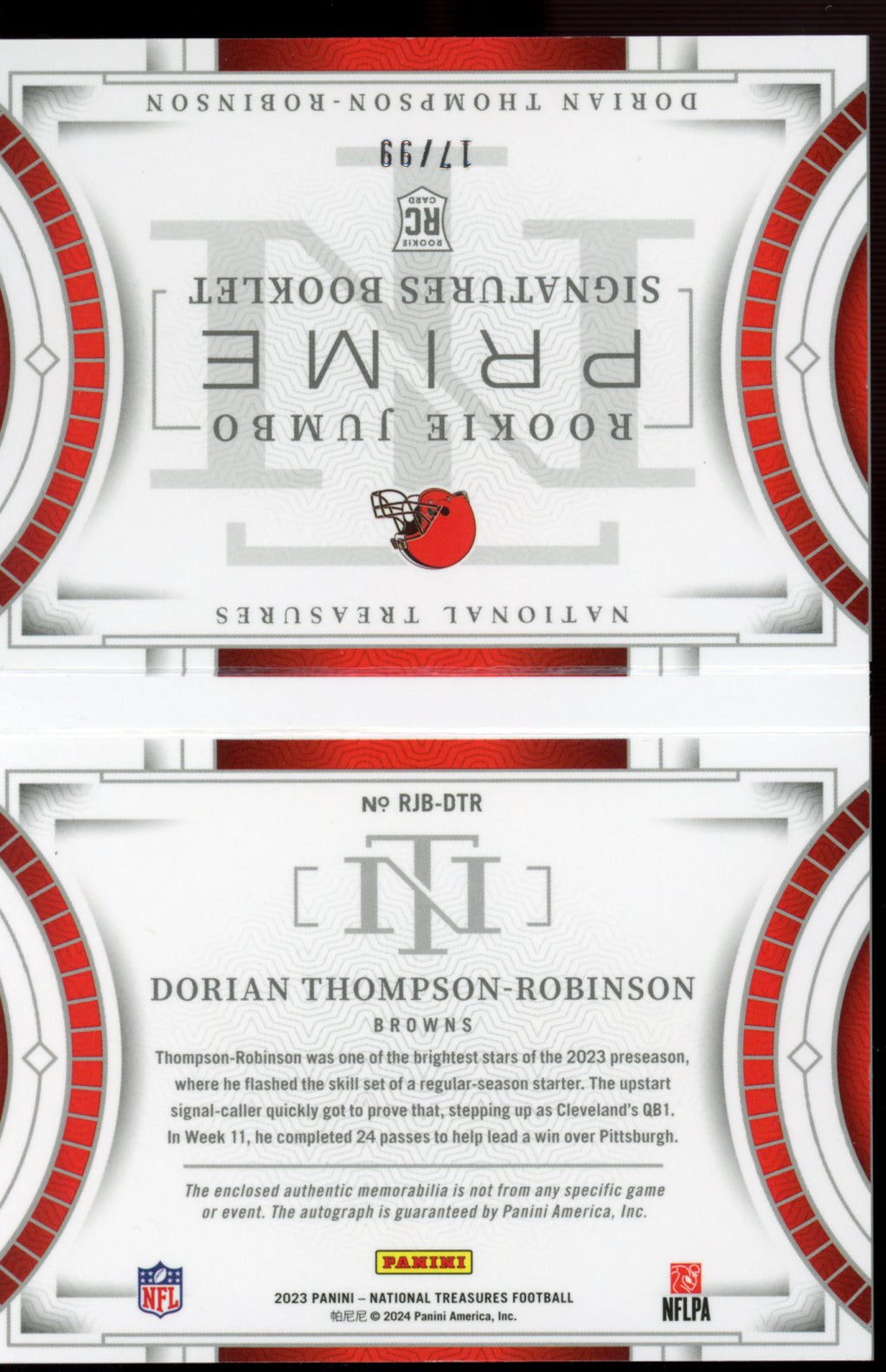 2023 National Treasures Dorian Thompson Robinson Rookie Patch Auto Booklet RPA 17/99 RC