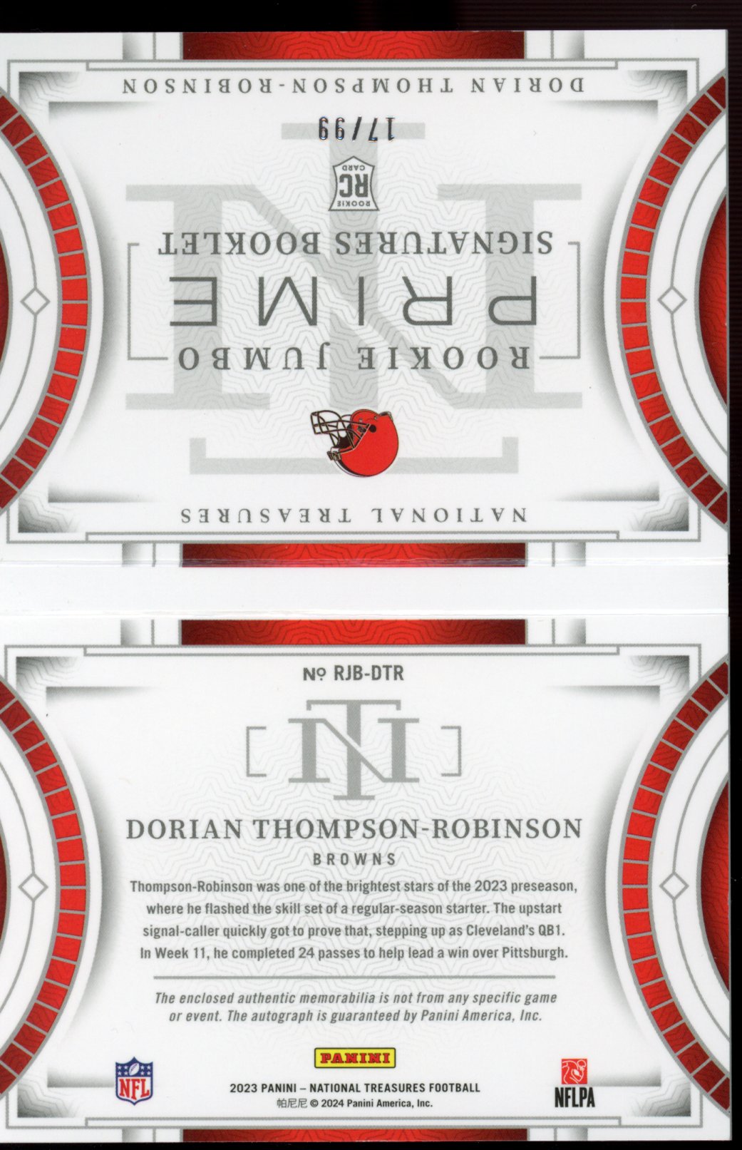 2023 National Treasures Dorian Thompson Robinson Rookie Patch Auto Booklet RPA 17/99 RC