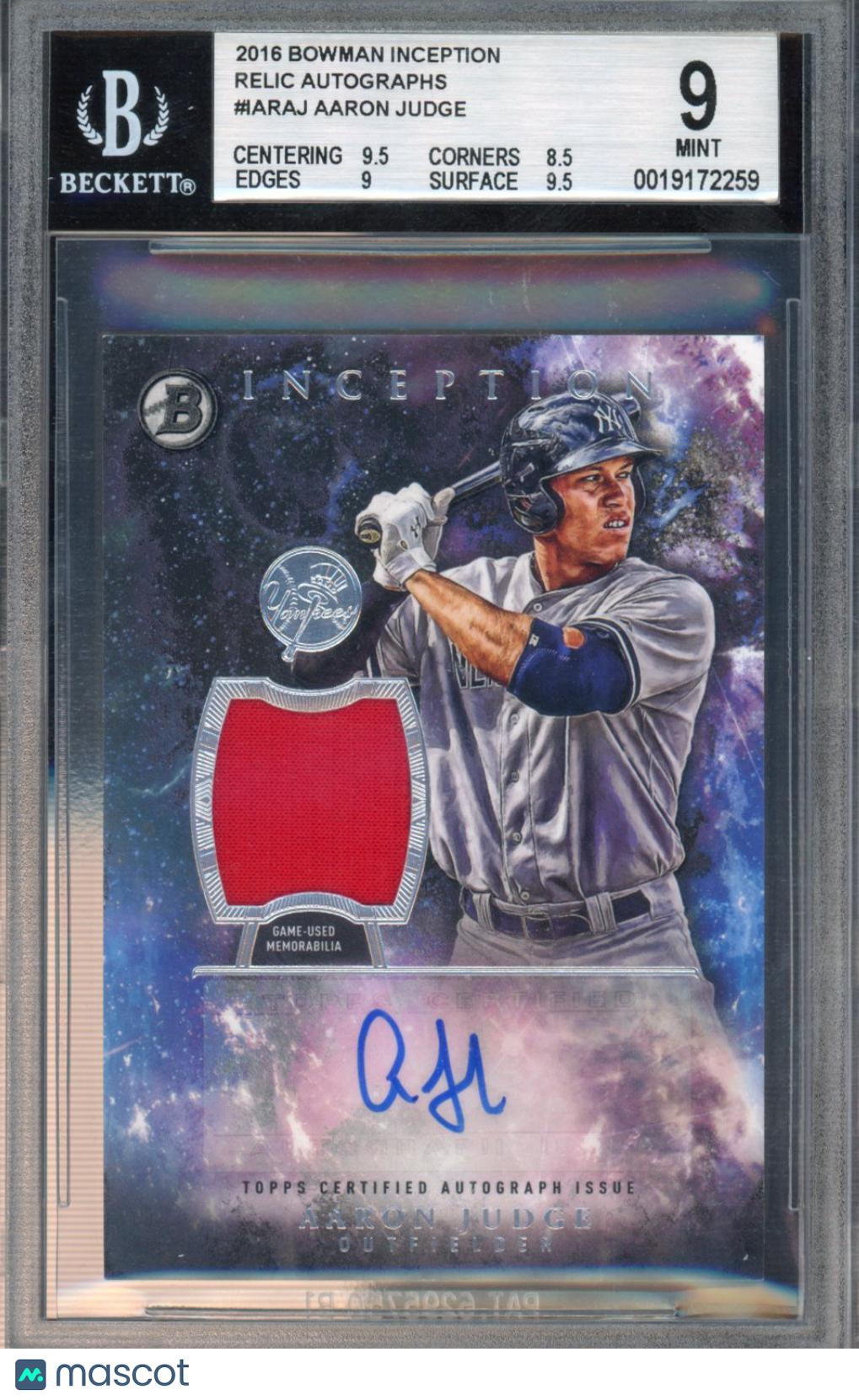 2016 Bowman Inception Aaron Judge Patch Auto BGS 9 Auto 10