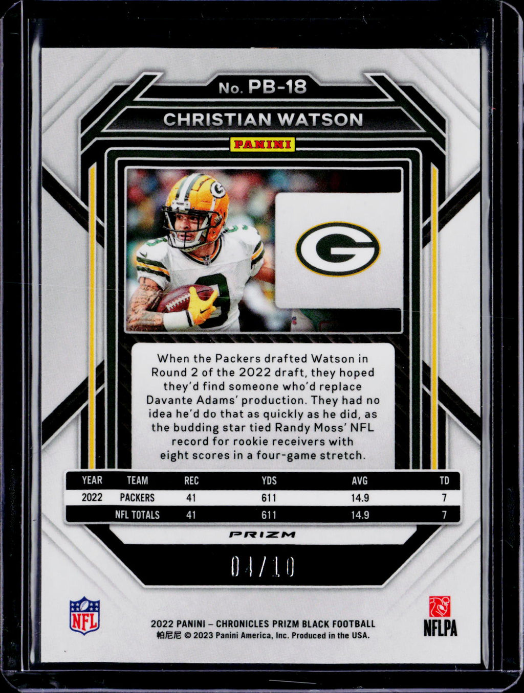 2023 Prizm Black Christian Watson Gold 04/10 RC