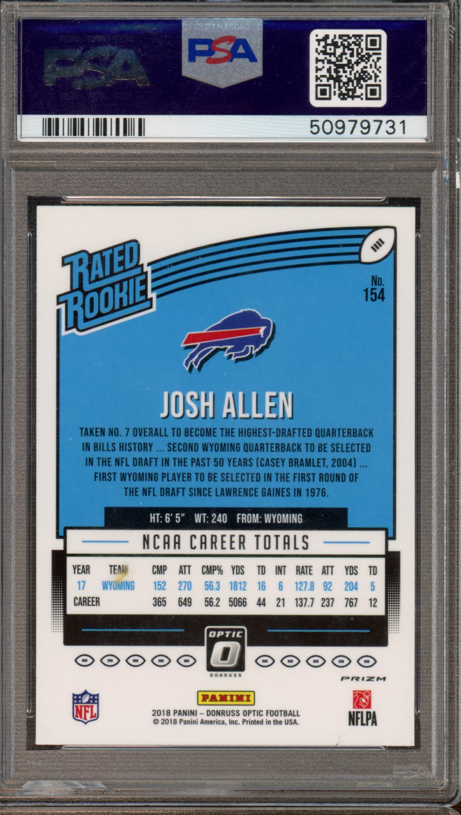 2018 Donruss Optic Josh Allen Rookie Holo PSA 9 RC