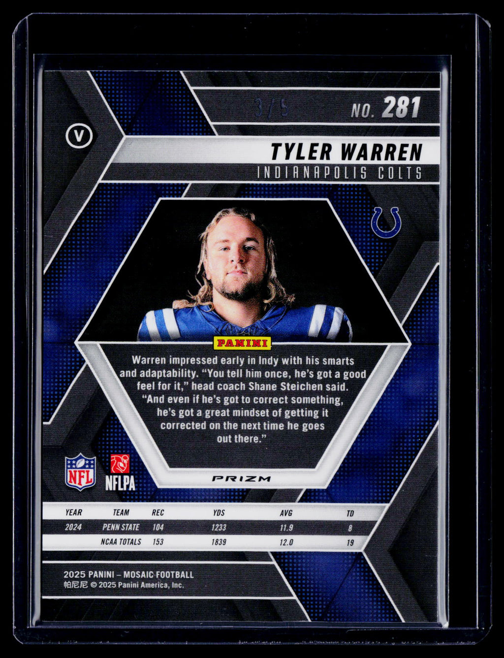 2025 Mosiac Tyler Warren Rookie Gold Glitter 3/5 RC