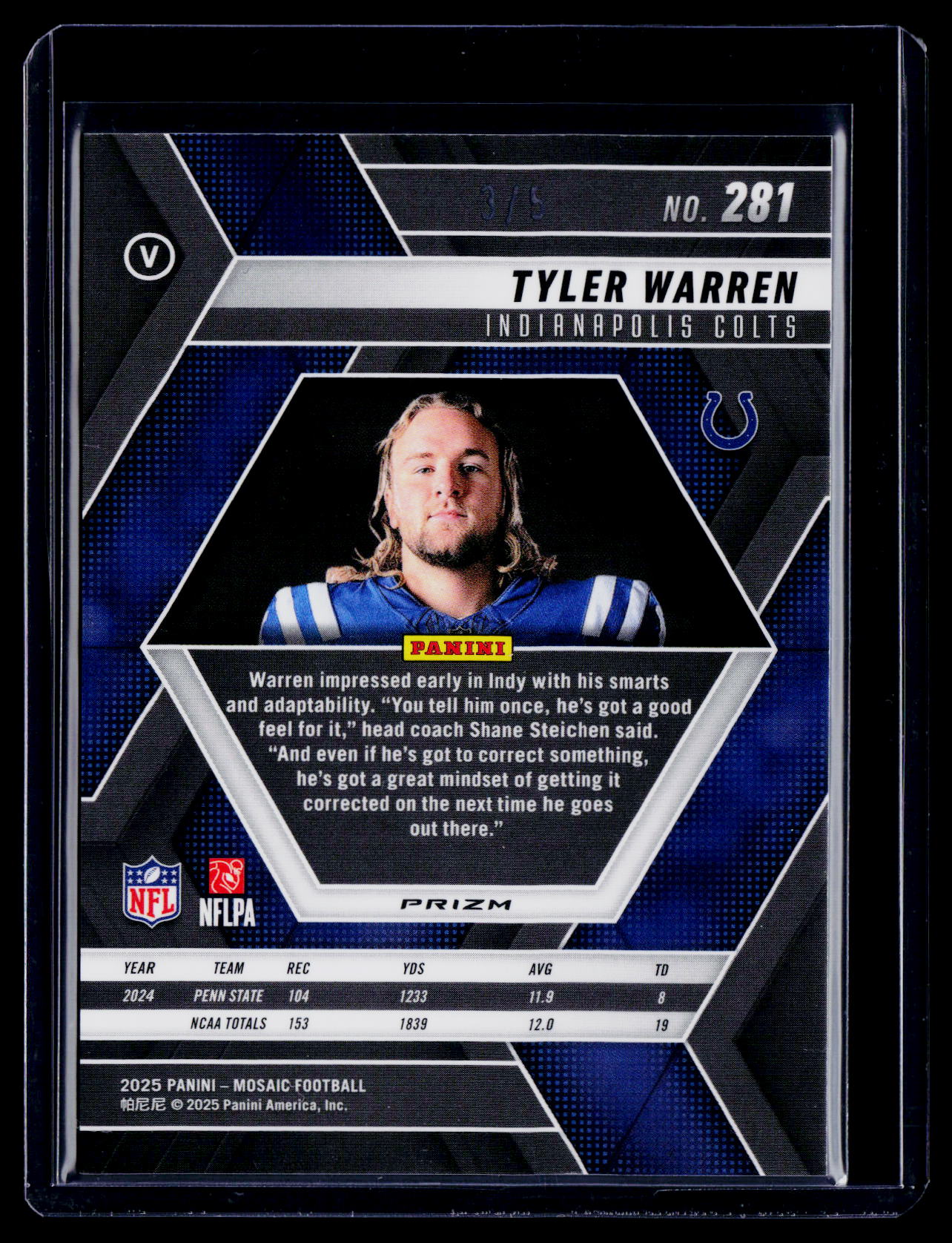 2025 Mosiac Tyler Warren Rookie Gold Glitter 3/5 RC