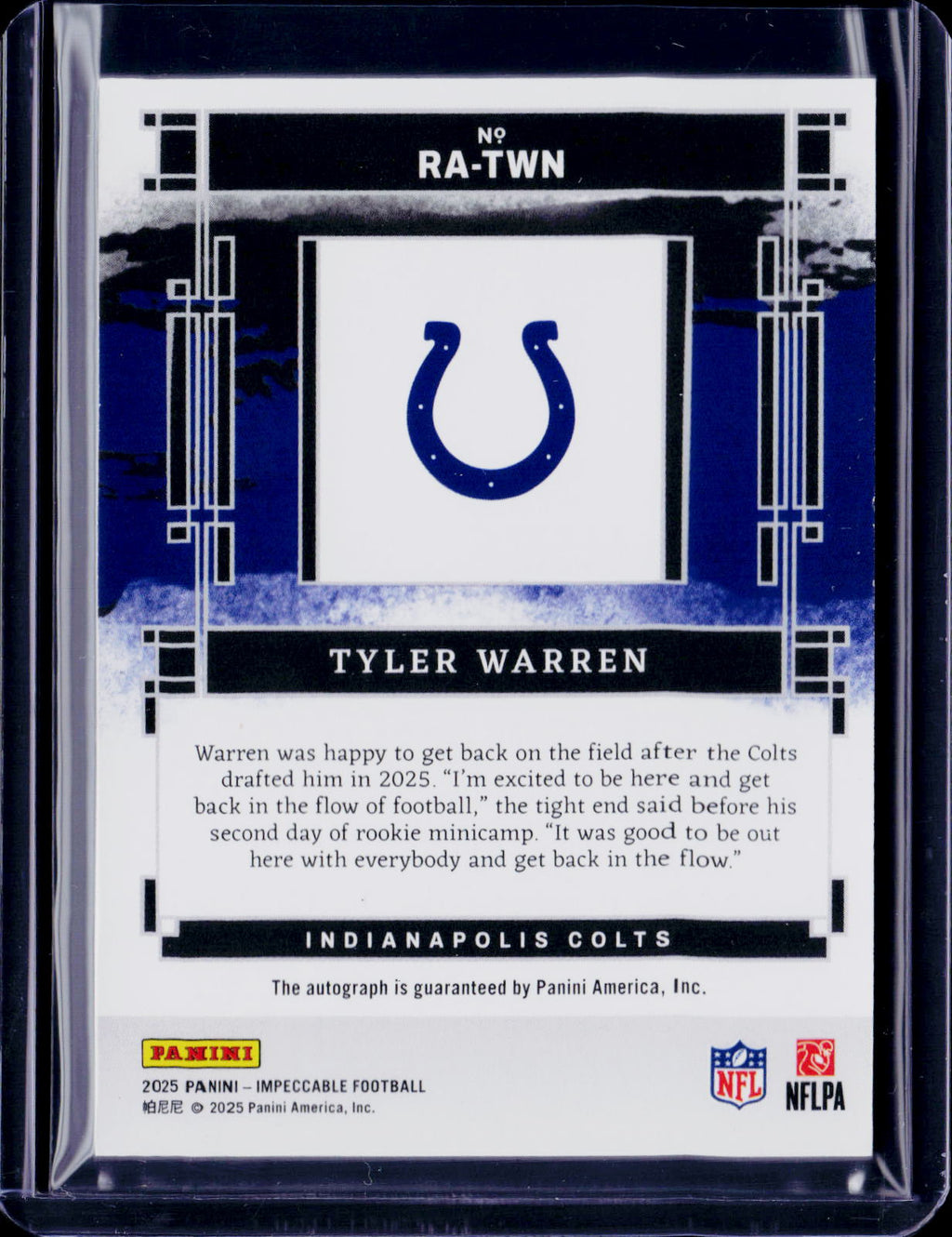 2025 Impeccable Tyler Warren Rookie Autograph 49/99 RC