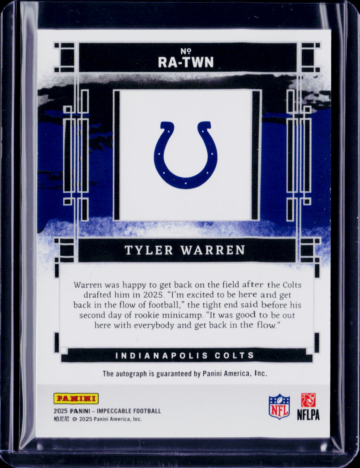 2025 Impeccable Tyler Warren Rookie Autograph 49/99 RC