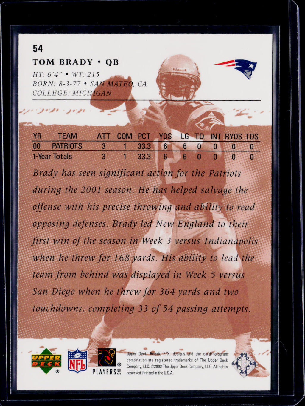 2001 Upper Deck Rookie F/X Tom Brady