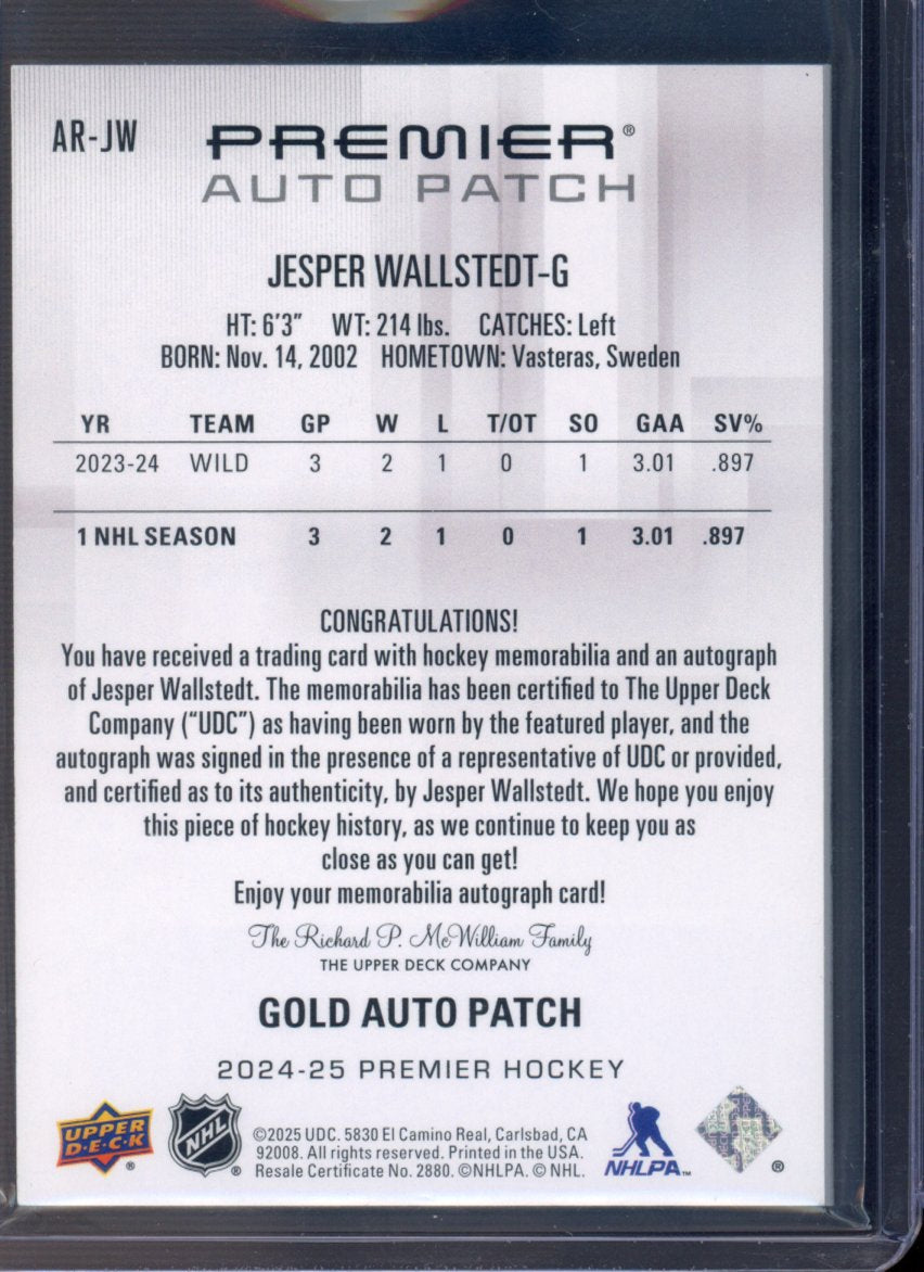 2024-25 Upper Deck Premier Jesper Wallstedt Rookie Patch Auto 56/65