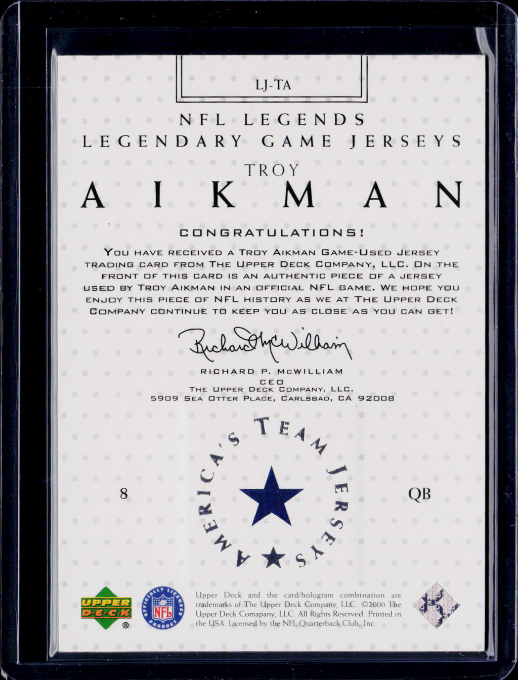 2000 Upper Deck Troy Aikman Legendary Jersey Cowboys