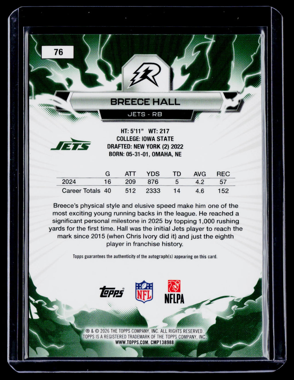 2025 Topps Resurgence Breece Hall Orange Surge Auto 22/25