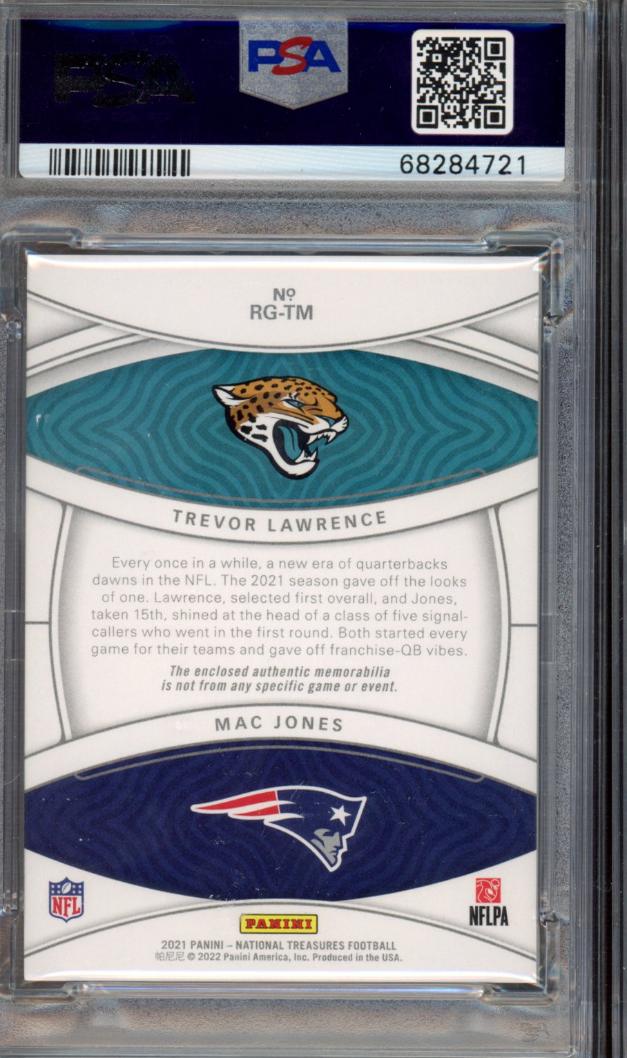 2021 Panini National Treasures Rookie NFL Gear Combo Materials M. Jones T. Lawrence #RGTM RKE. NFL. GR. Co. Mat. Holo SLV PSA 9